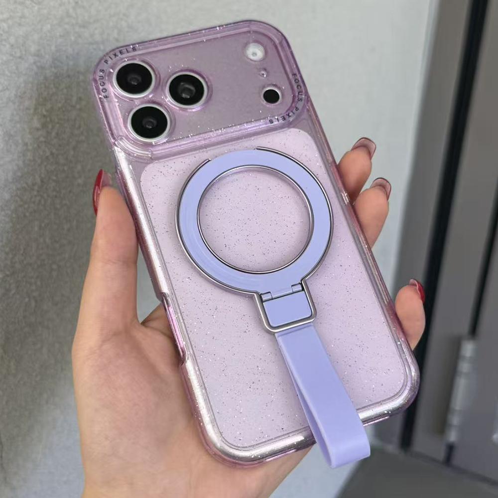 For iPhone 17 Pro Max Glitter Letter Lens Frame Magnetic Phone Case with Holder(Purple) - Shopkiz.com