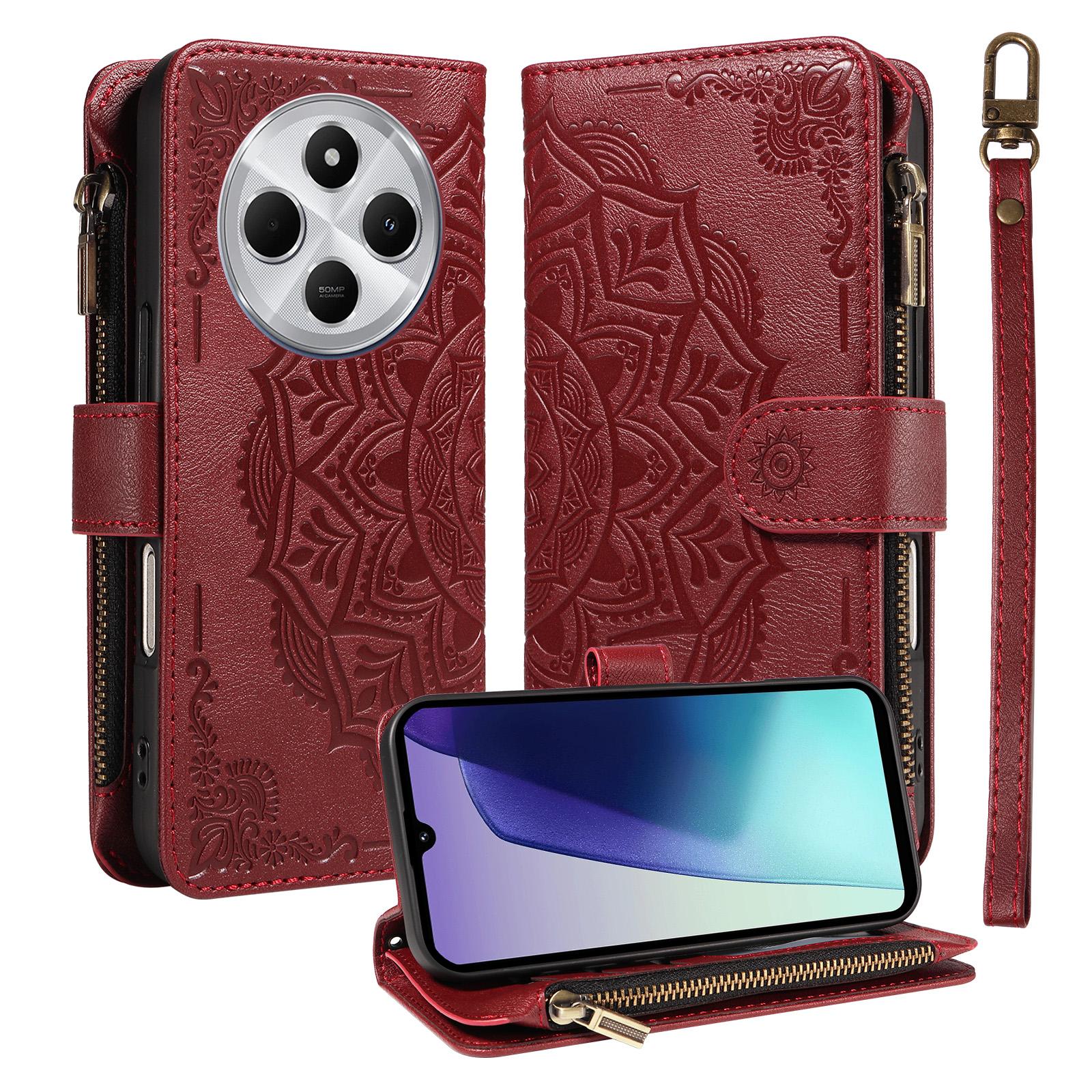 For Redmi 17C/14C 4G/A4 5G/Poco C75 5G Mandala Embossed 9-Card Zipper RFID Vegan Leather Phone Case with Short Lanyard(Wine Red) - Shopkiz.com