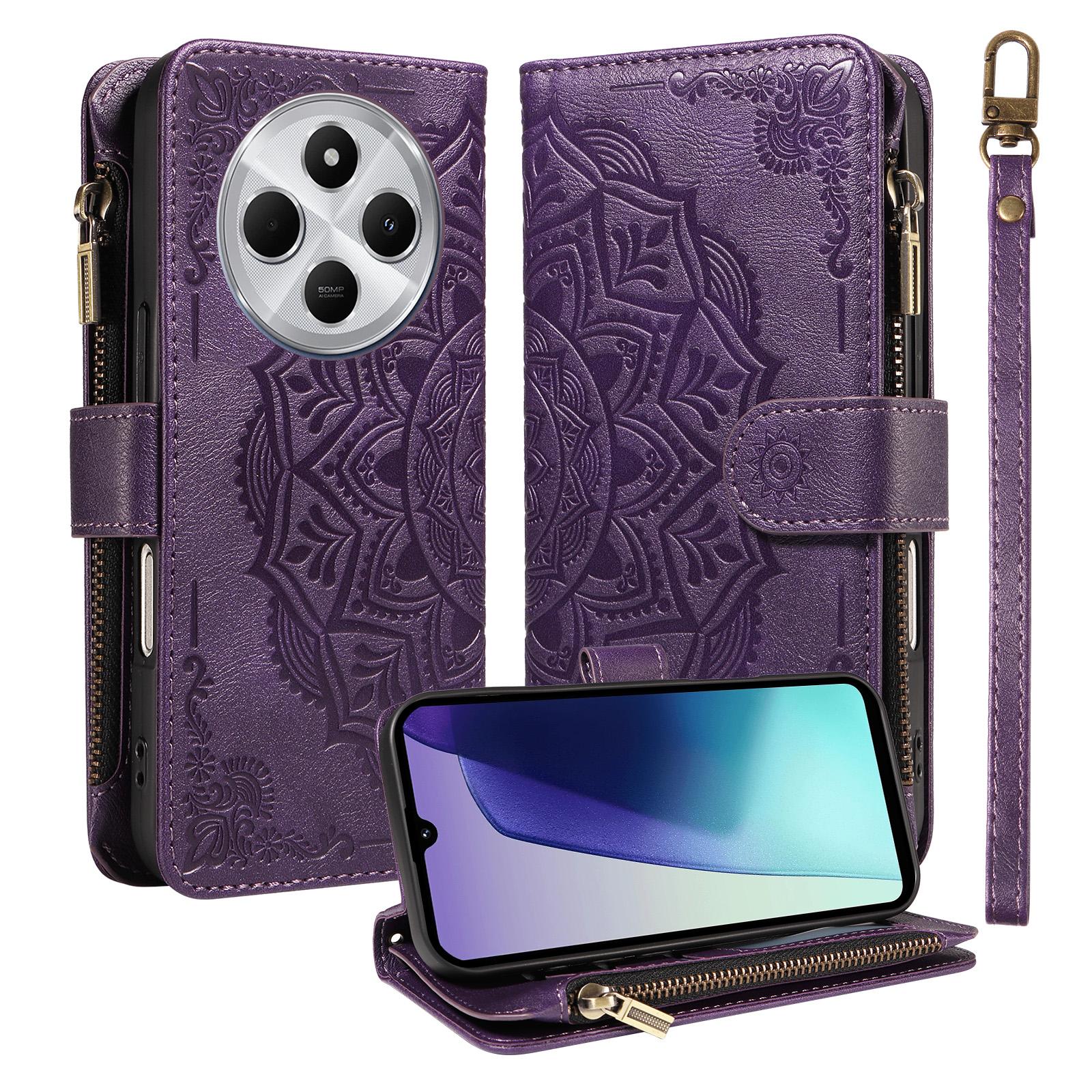 For Redmi 17C/14C 4G/A4 5G/Poco C75 5G Mandala Embossed 9-Card Zipper RFID Vegan Leather Phone Case with Short Lanyard(Purple) - Shopkiz.com