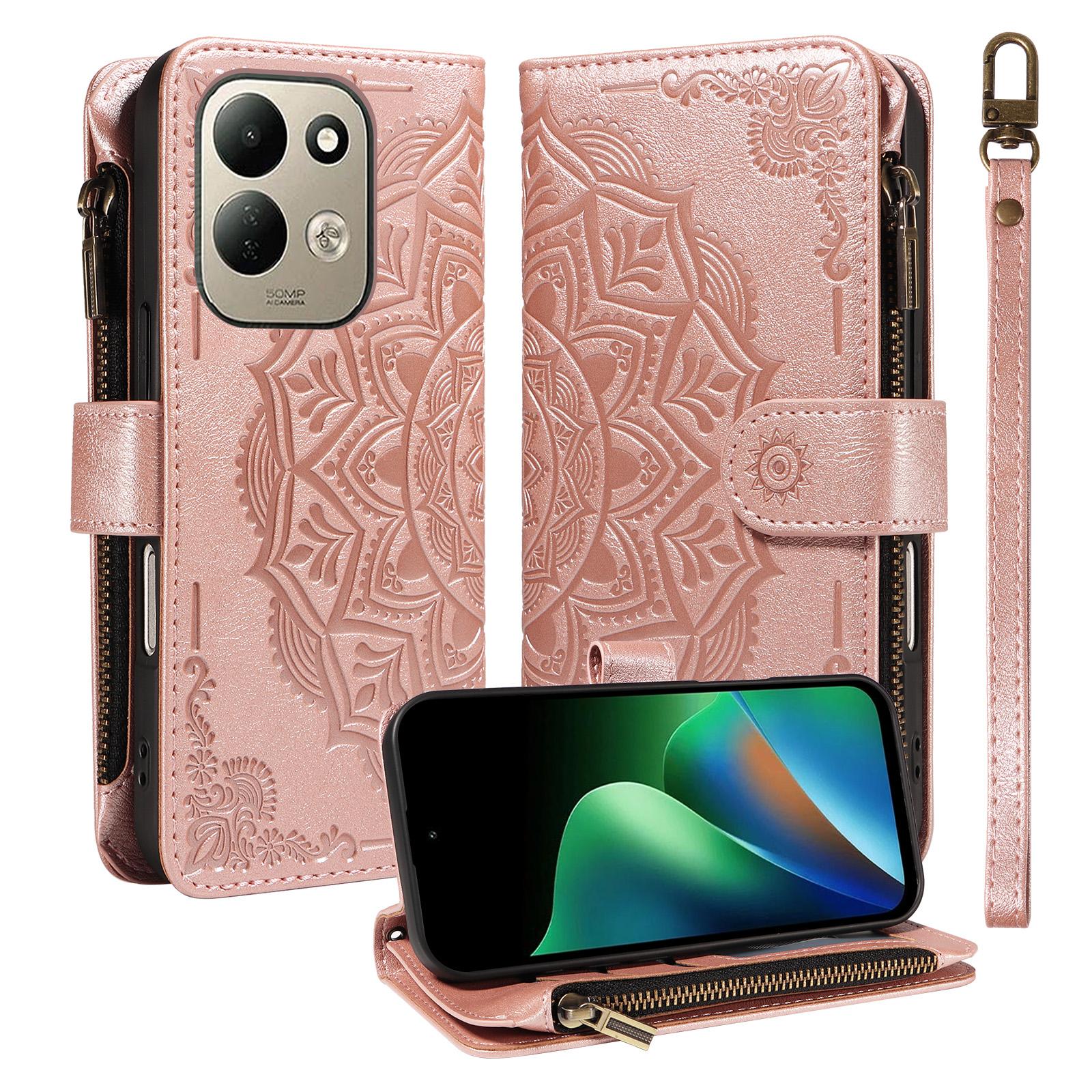 For Redmi 17 5G / 4G Global 170mm Mandala Embossed 9-Card Zipper RFID Vegan Leather Phone Case with Short Lanyard(Rose Gold) - Shopkiz.com