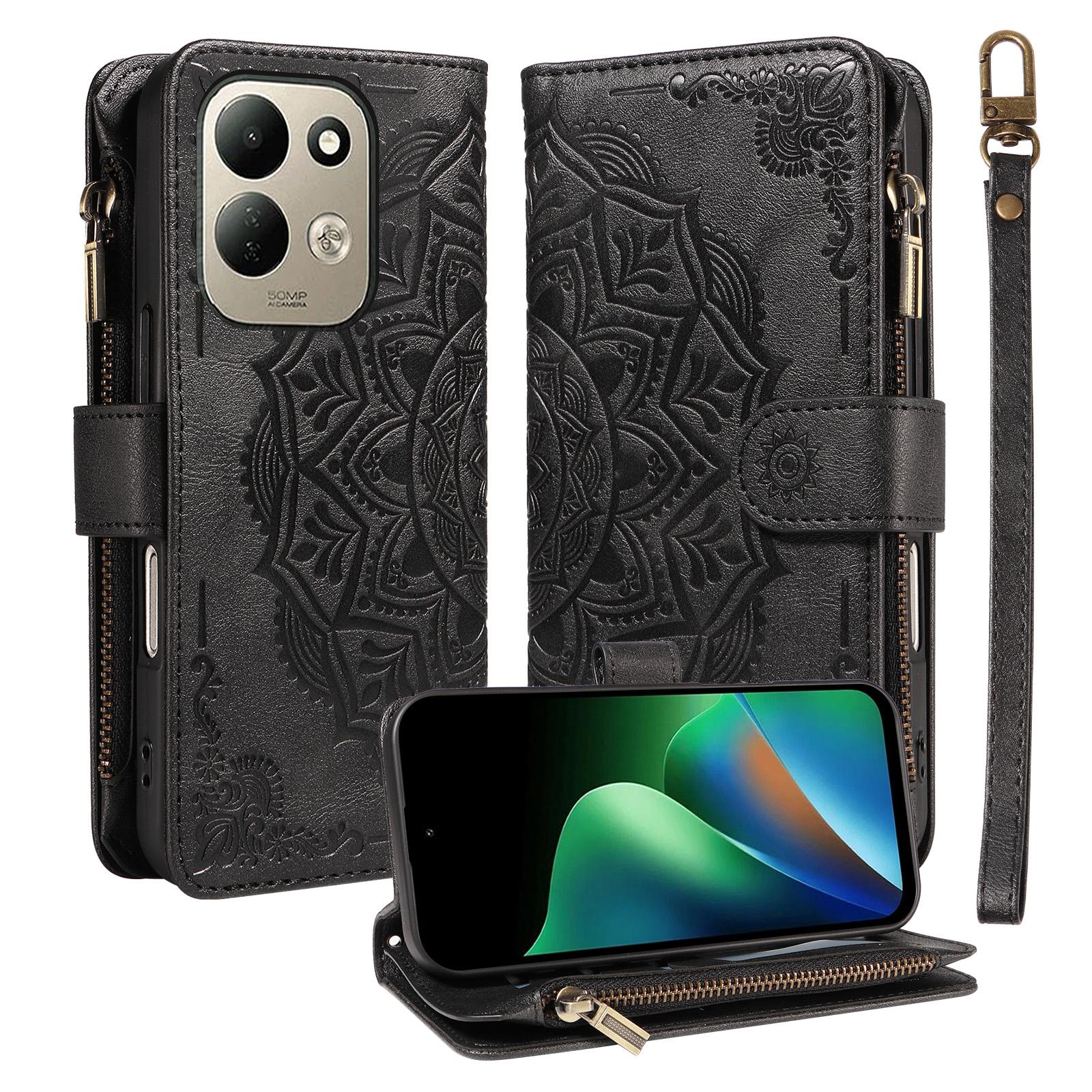 For Redmi 17 5G / 4G Global 170mm Mandala Embossed 9-Card Zipper RFID Vegan Leather Phone Case with Short Lanyard(Black) - Shopkiz.com