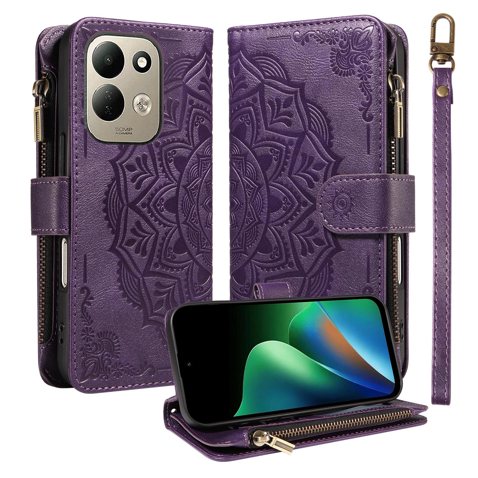 For Redmi 17 5G / 4G Global 170mm Mandala Embossed 9-Card Zipper RFID Vegan Leather Phone Case with Short Lanyard(Purple) - Shopkiz.com
