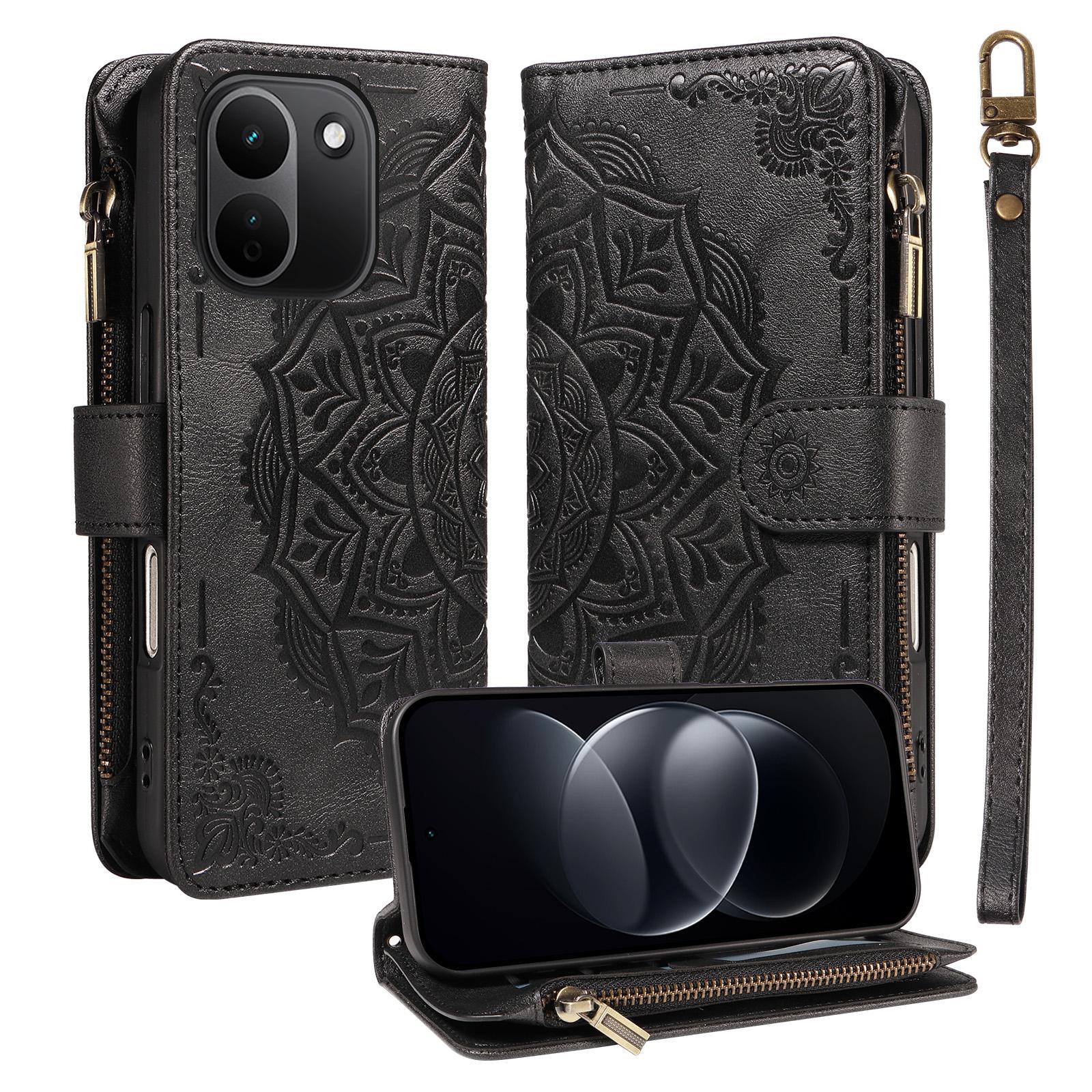 For Redmi Note 17 Pro+ 5G Global 163mm Mandala Embossed 9-Card Zipper RFID Vegan Leather Phone Case with Short Lanyard(Black) - Shopkiz.com