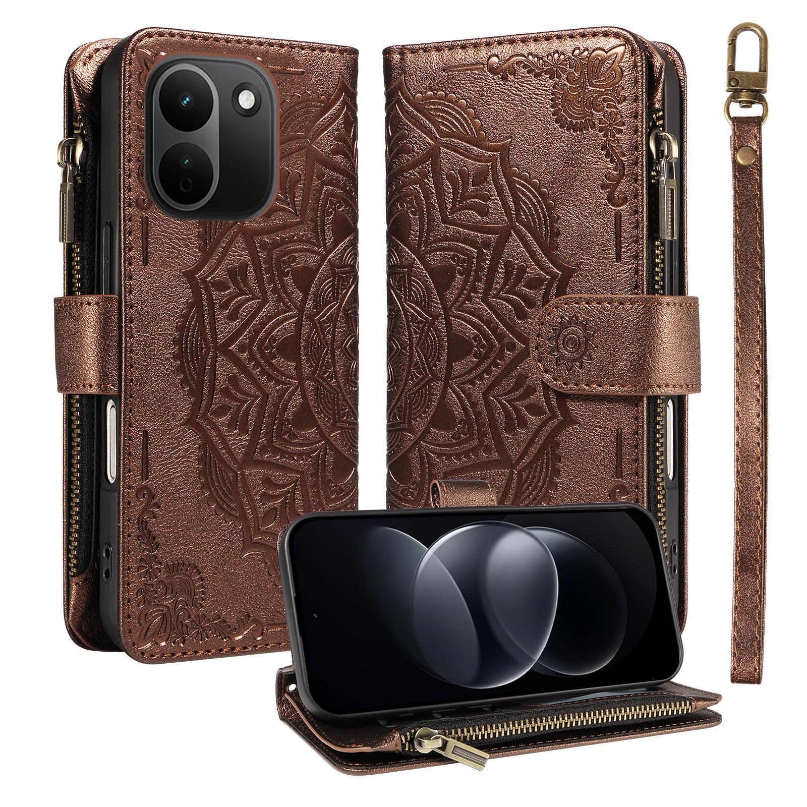 For Redmi Note 17 Pro+ 5G Global 163mm Mandala Embossed 9-Card Zipper RFID Vegan Leather Phone Case with Short Lanyard(Brown) - Shopkiz.com