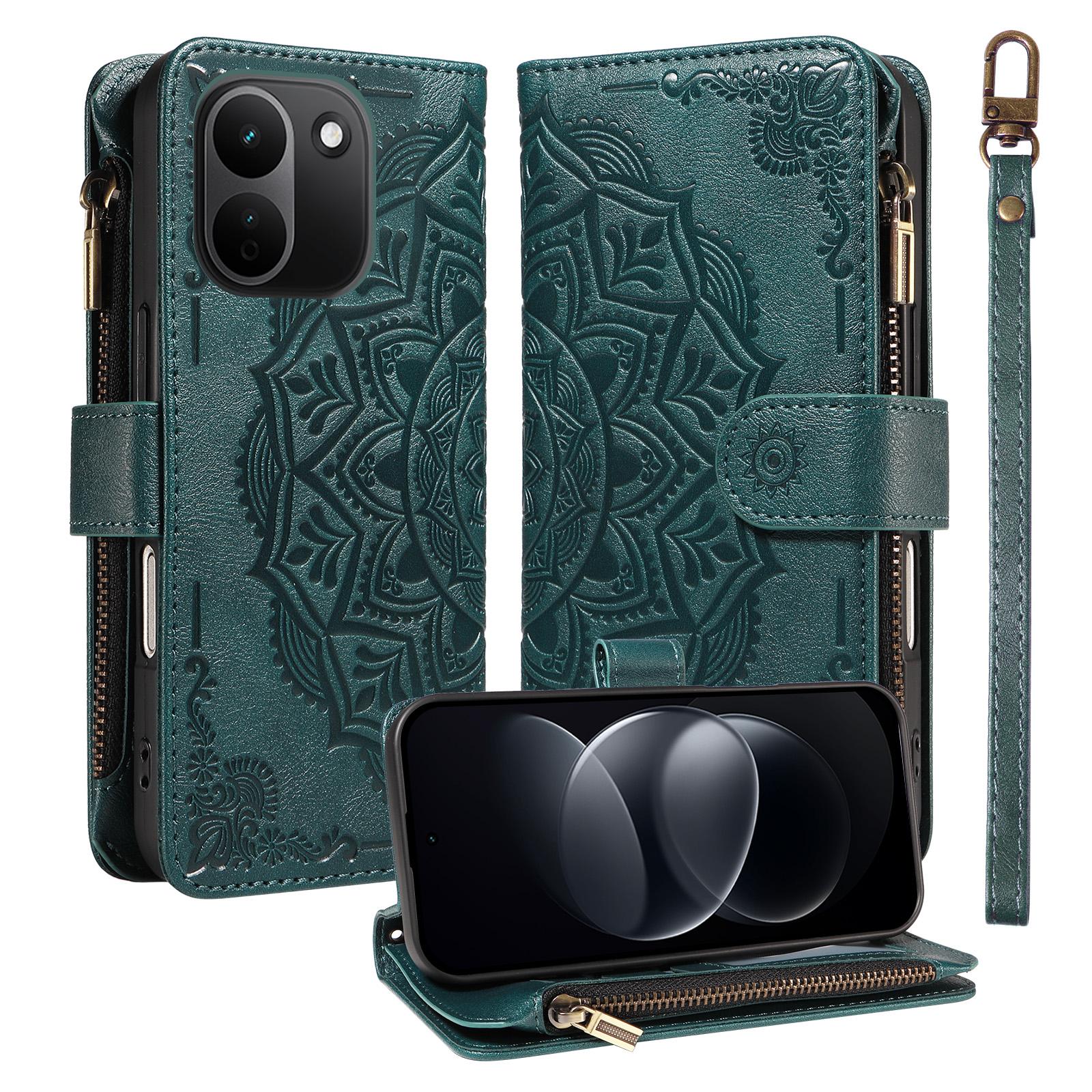 For Redmi Note 17 Pro+ 5G Global 163mm Mandala Embossed 9-Card Zipper RFID Vegan Leather Phone Case with Short Lanyard(Green) - Shopkiz.com
