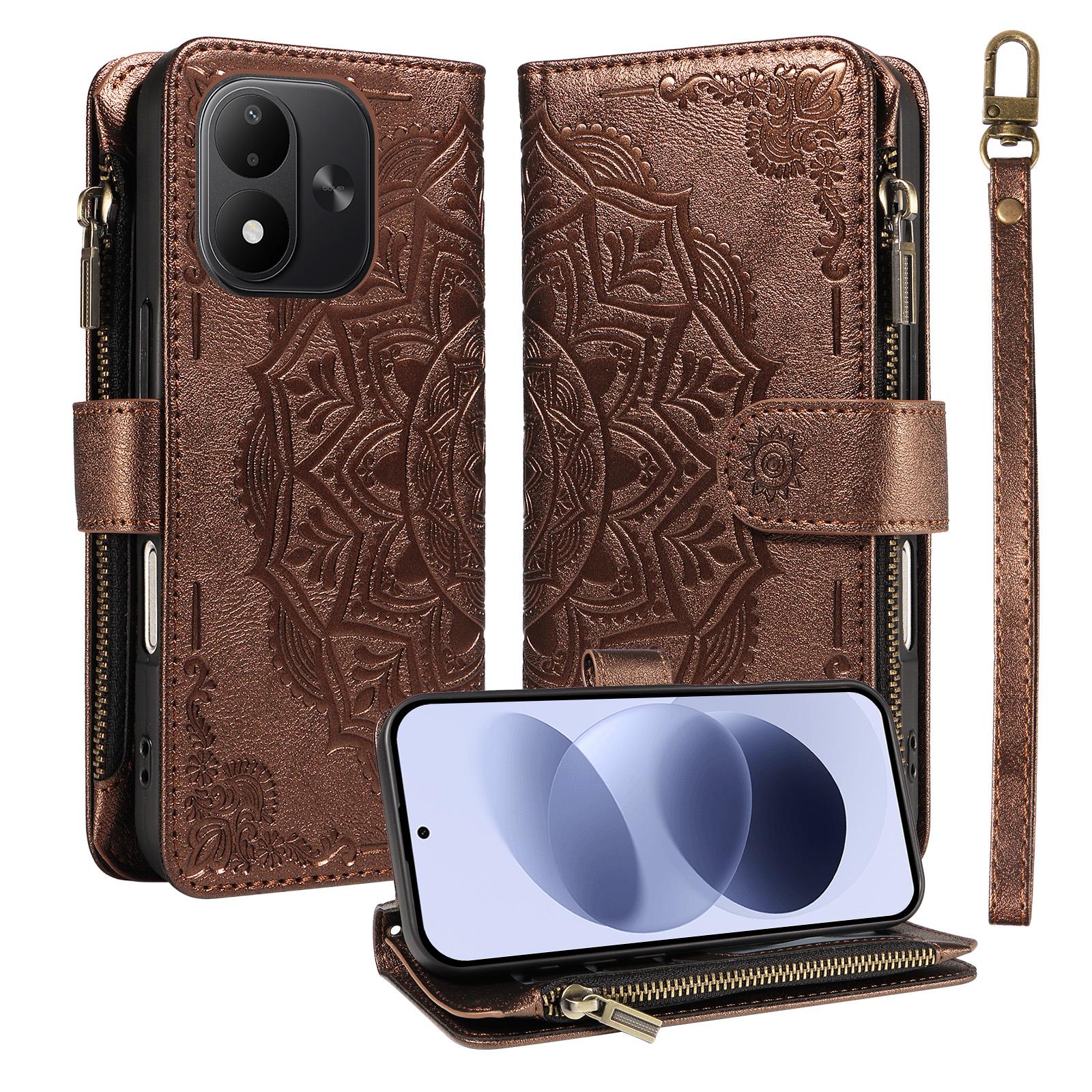 For Redmi Note 17 5G/4G Global 171mm Mandala Embossed 9-Card Zipper RFID Vegan Leather Phone Case with Short Lanyard(Brown) - Shopkiz.com