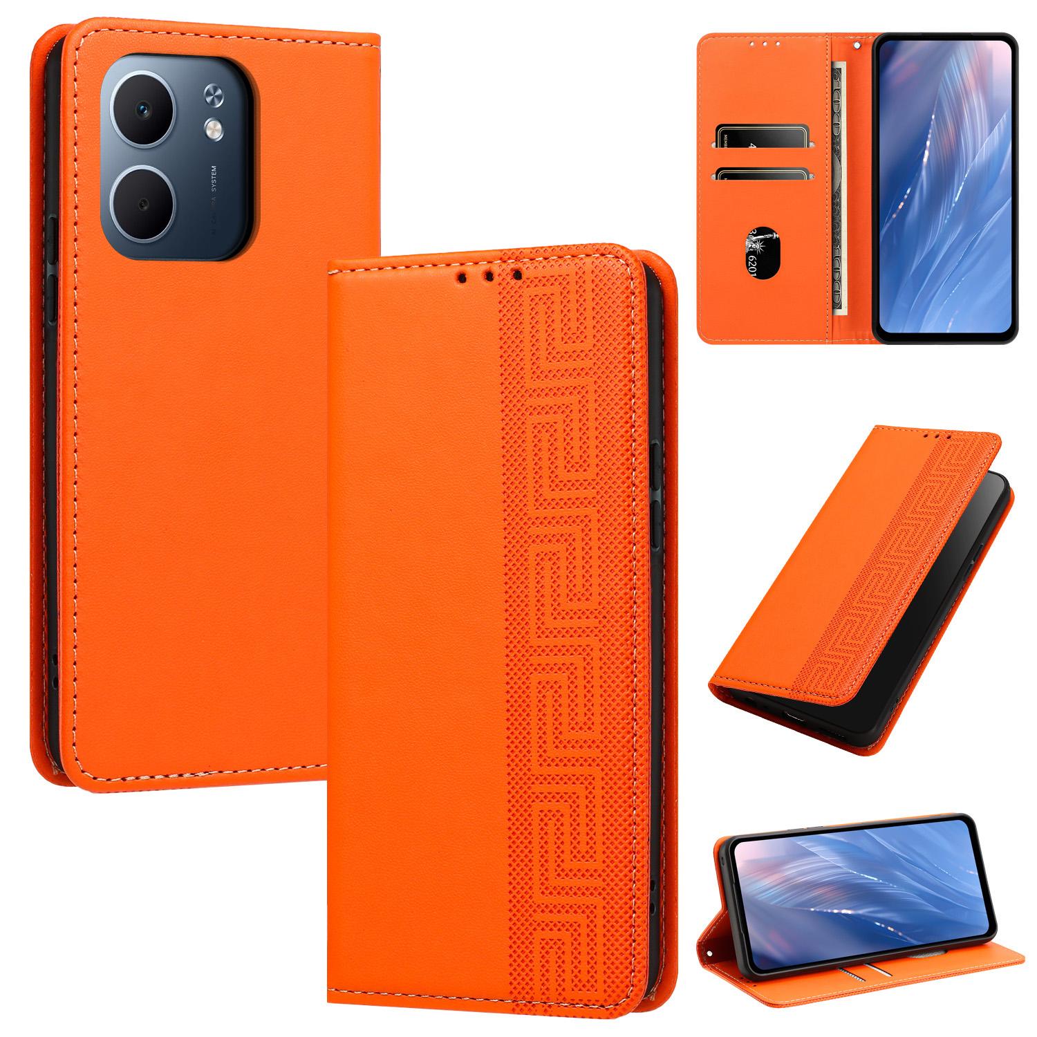 For OPPO A5x Global / A3x 5G India Embossed Meander Pattern RFID Vegan Leather Phone Case(Orange) - Shopkiz.com