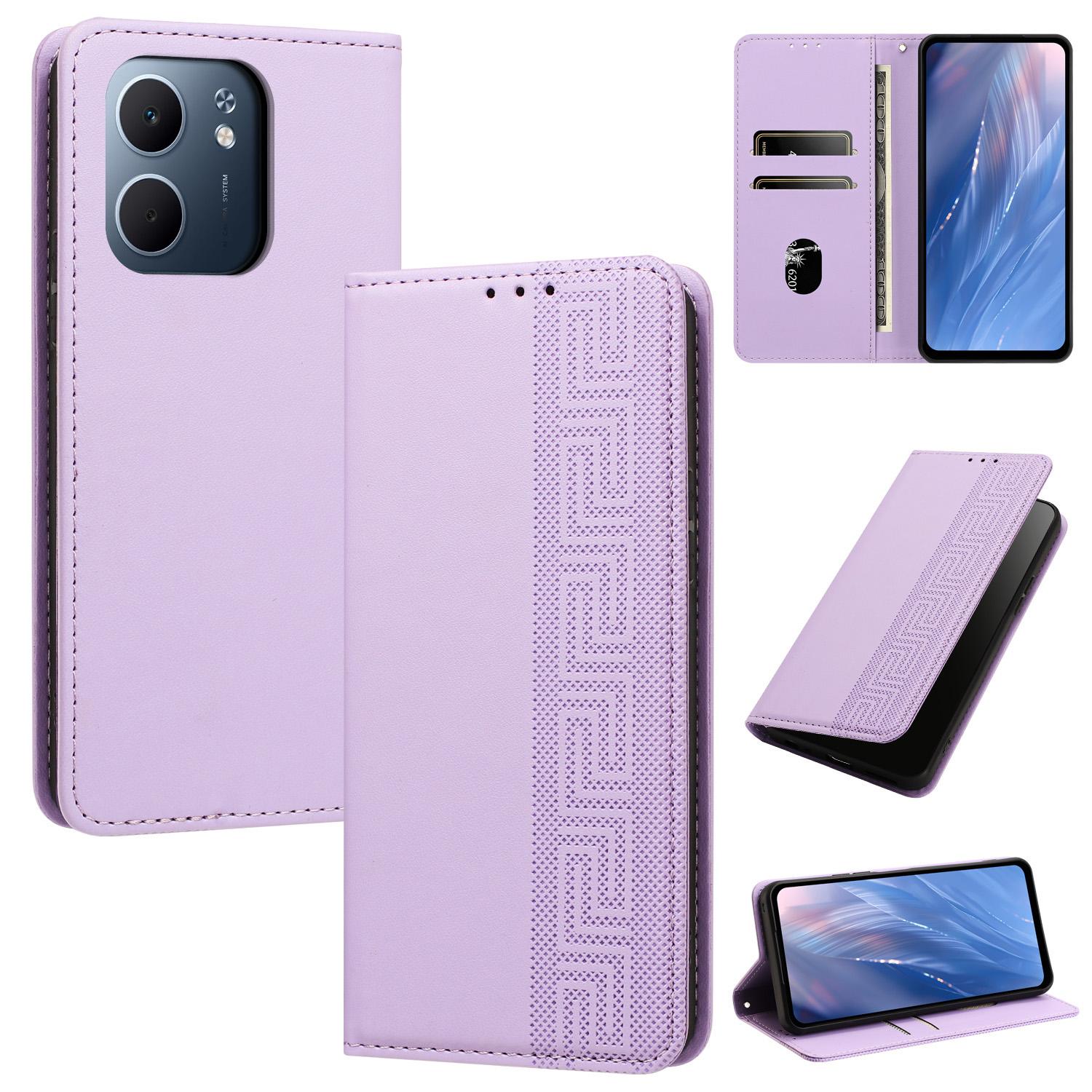 For OPPO A5x Global / A3x 5G India Embossed Meander Pattern RFID Vegan Leather Phone Case(Light Purple) - Shopkiz.com