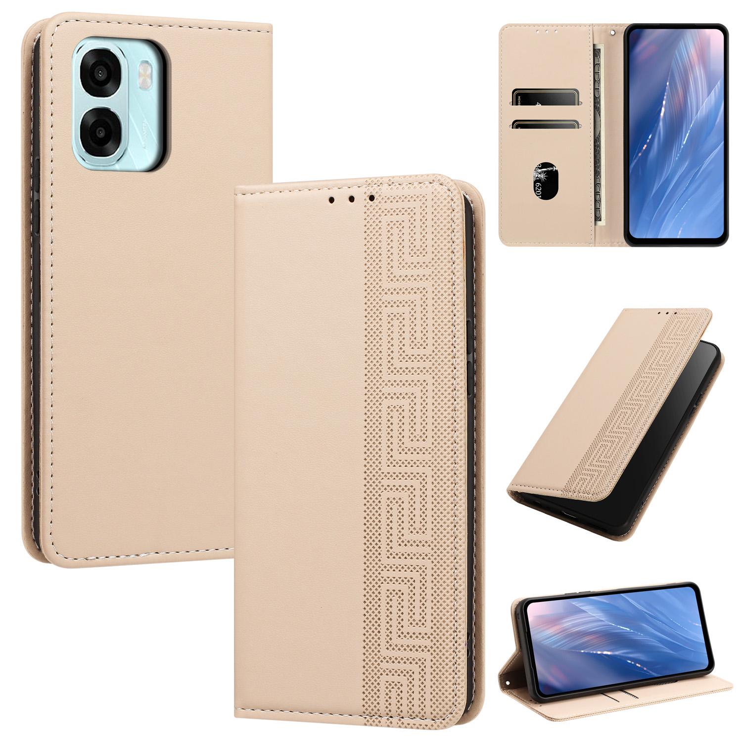 For OPPO A6x 4G / A6s 5G Embossed Meander Pattern RFID Vegan Leather Phone Case(Beige) - Shopkiz.com