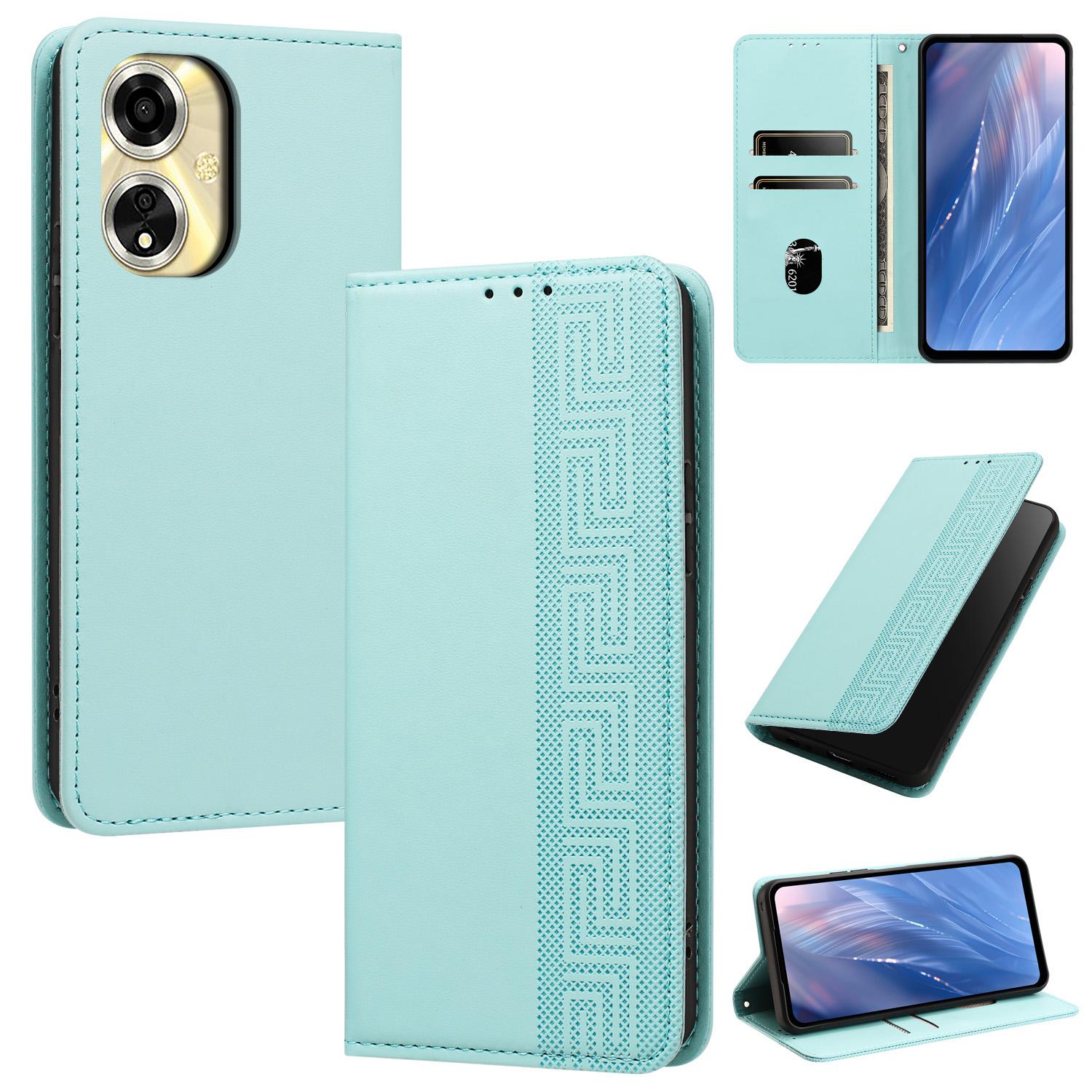 For OPPO A59 5G Embossed Meander Pattern RFID Vegan Leather Phone Case(Mint Green) - Shopkiz.com