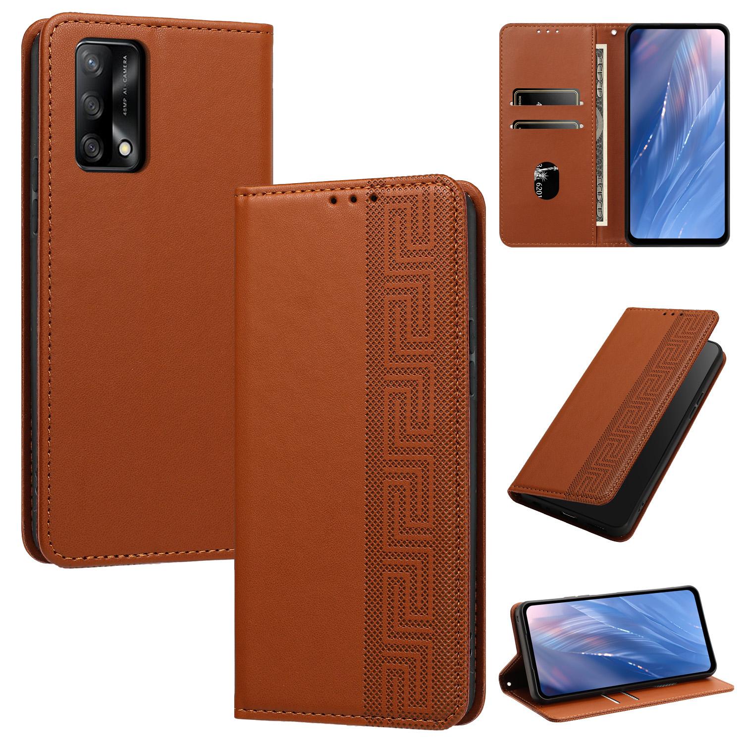 For OPPO A74 4G / F19 / F19s / A95 4G Embossed Meander Pattern RFID Vegan Leather Phone Case(Brown) - Shopkiz.com