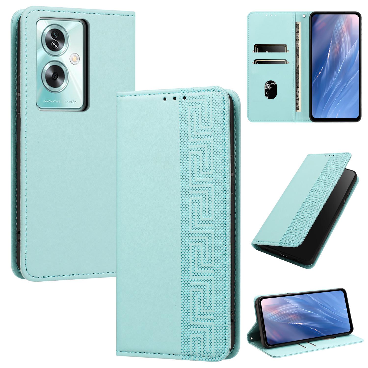 For OPPO A79 5G Global Embossed Meander Pattern RFID Vegan Leather Phone Case(Mint Green) - Shopkiz.com