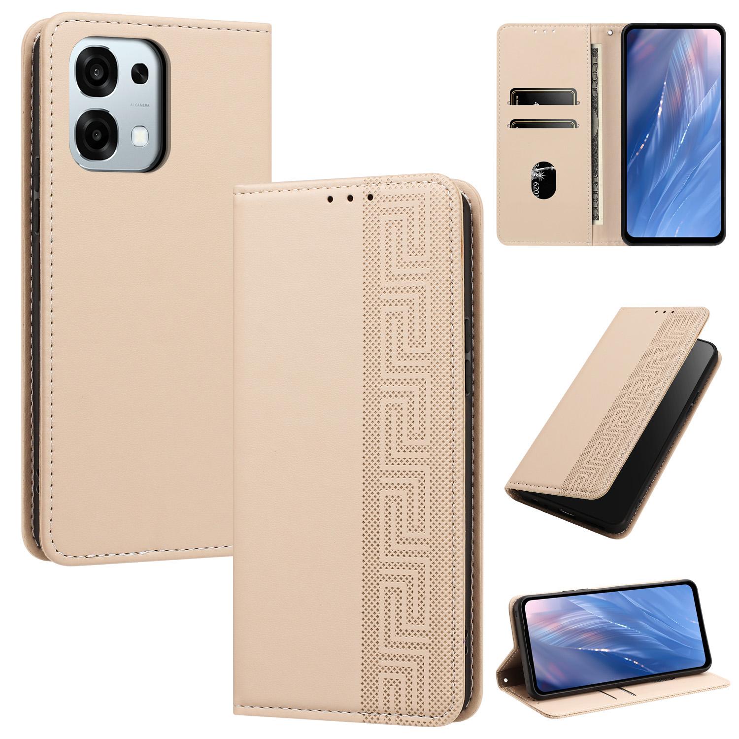 For OPPO F31 5G / A6 Pro 4G Global Embossed Meander Pattern RFID Vegan Leather Phone Case(Beige) - Shopkiz.com