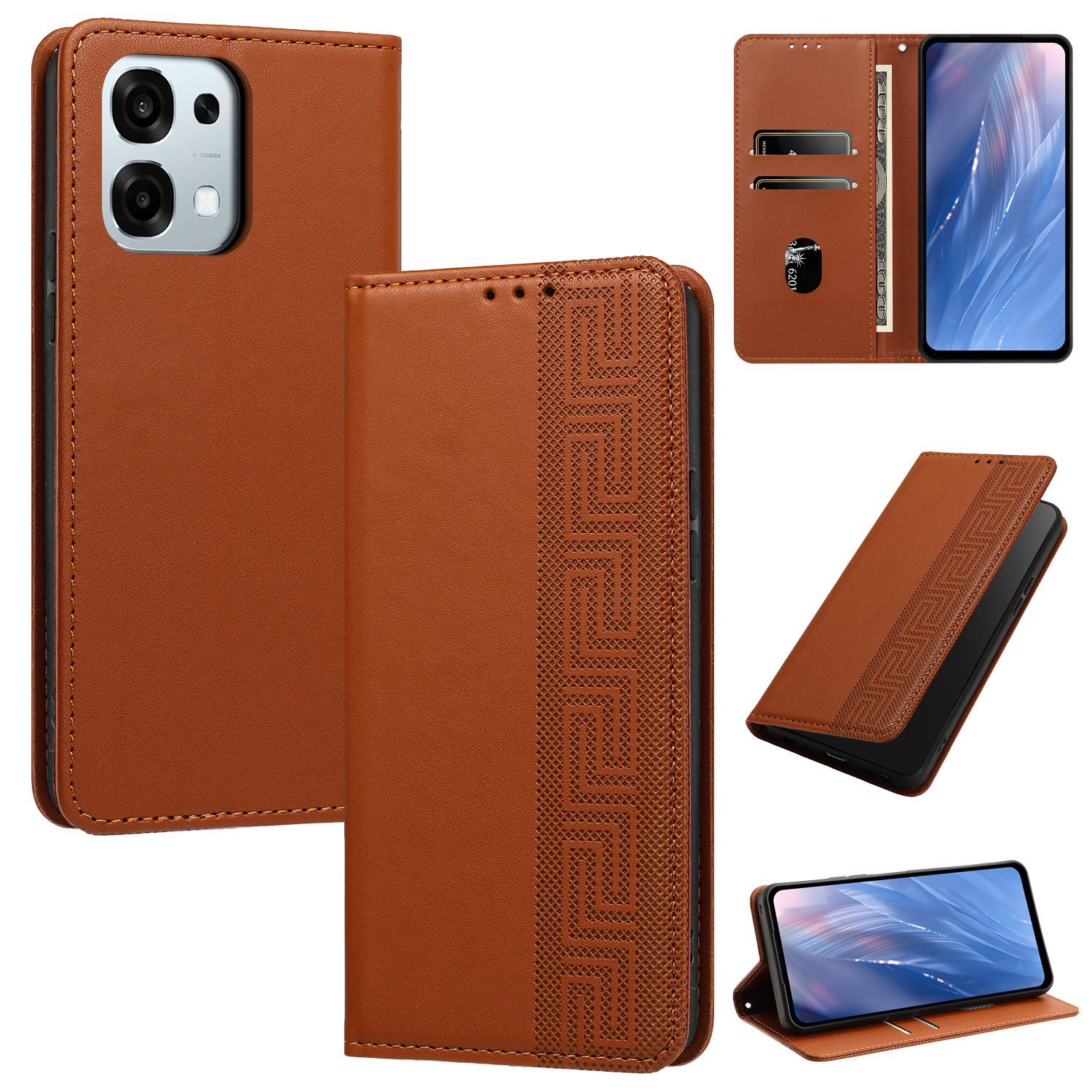 For OPPO F31 5G / A6 Pro 4G Global Embossed Meander Pattern RFID Vegan Leather Phone Case(Brown) - Shopkiz.com