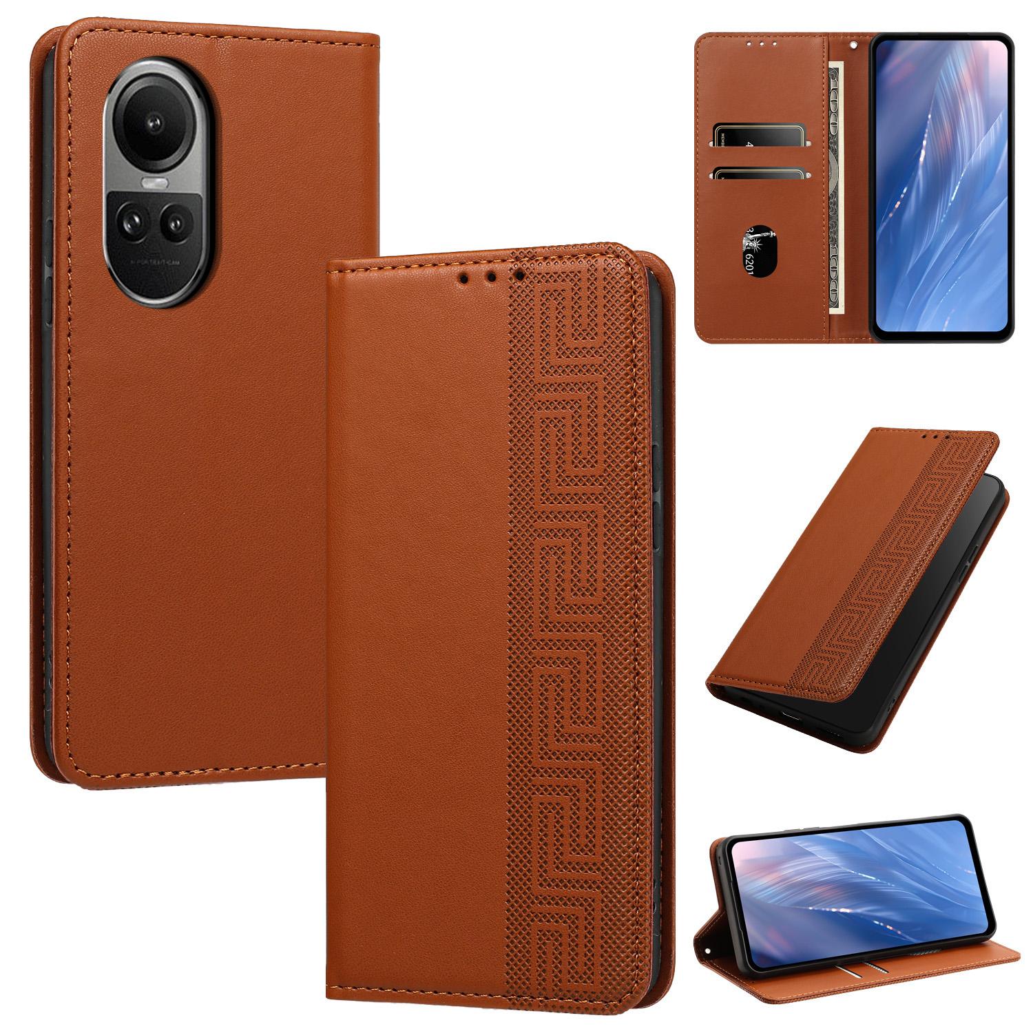 For OPPO Reno10 / Reno10 Pro Global Embossed Meander Pattern RFID Vegan Leather Phone Case(Brown) - Shopkiz.com