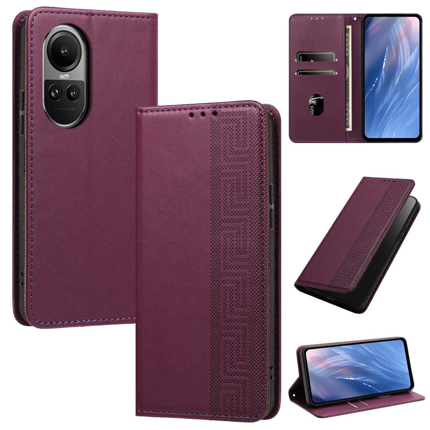 For OPPO Reno10 / Reno10 Pro Global Embossed Meander Pattern RFID Vegan Leather Phone Case(Dark Purple) - Shopkiz.com