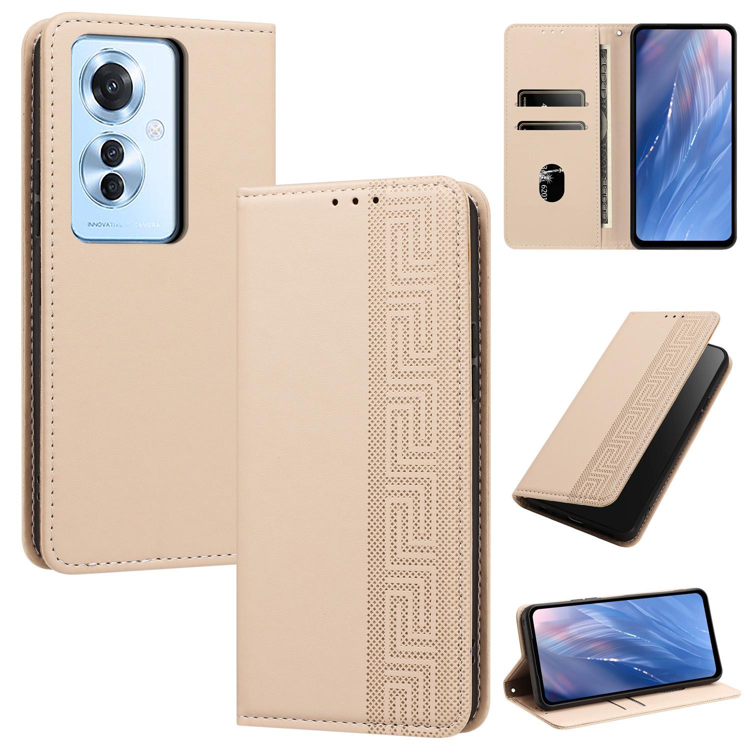 For OPPO Reno11 F 5G / F25 Pro 5G Global Embossed Meander Pattern RFID Vegan Leather Phone Case(Beige) - Shopkiz.com