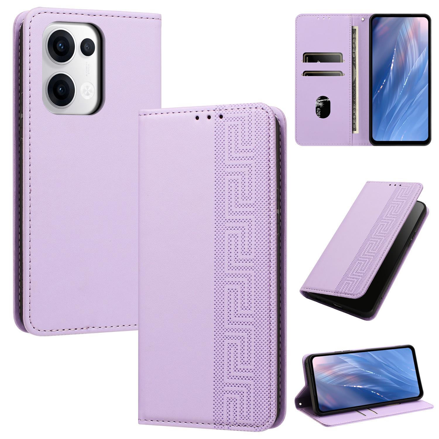 For OPPO Reno13 / Reno14 Global Embossed Meander Pattern RFID Vegan Leather Phone Case(Light Purple) - Shopkiz.com