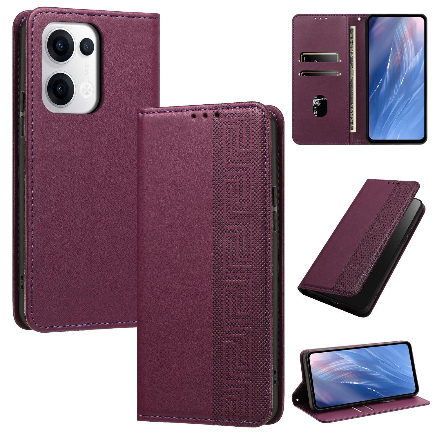 For OPPO Reno13 / Reno14 Global Embossed Meander Pattern RFID Vegan Leather Phone Case(Dark Purple) - Shopkiz.com