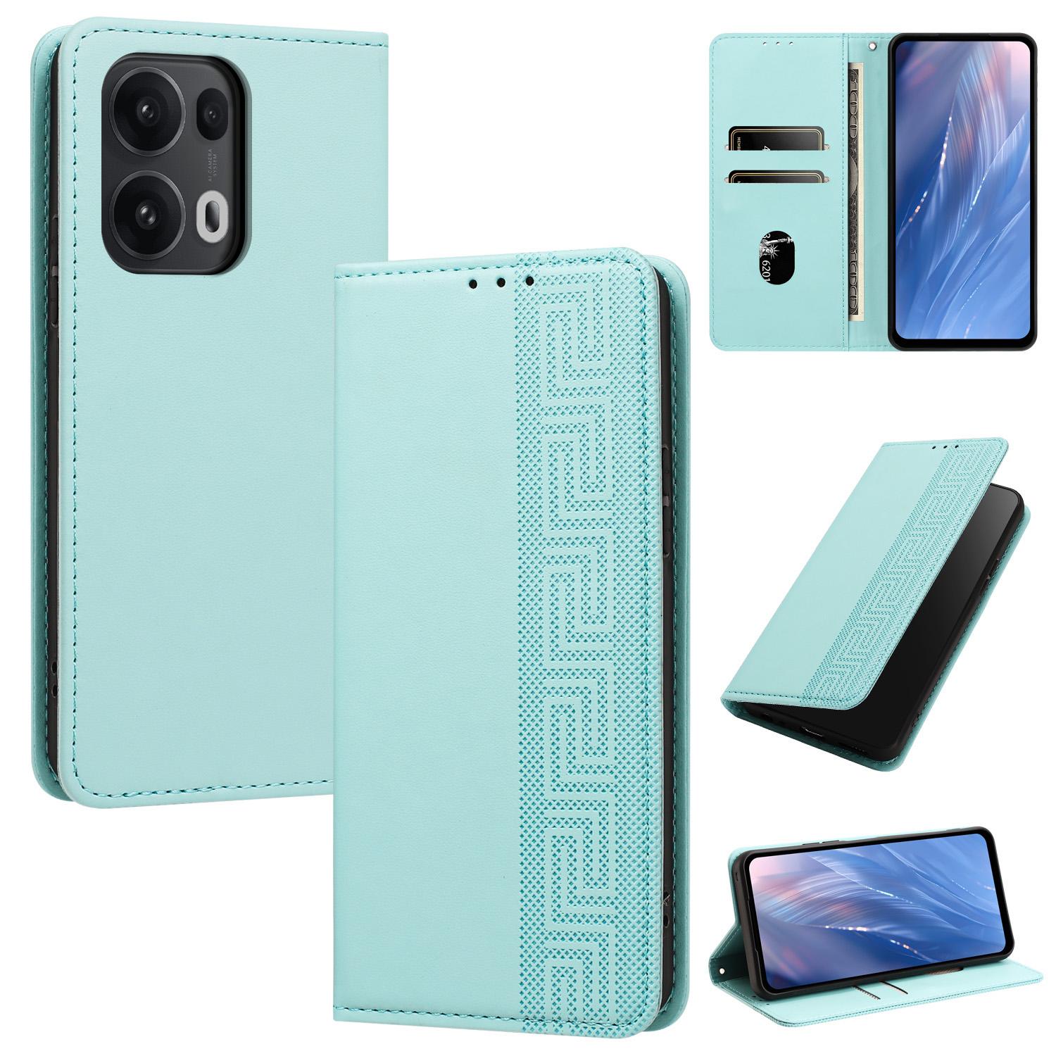 For OPPO Reno13 Pro / Reno14 Pro Global Embossed Meander Pattern RFID Vegan Leather Phone Case(Mint Green) - Shopkiz.com