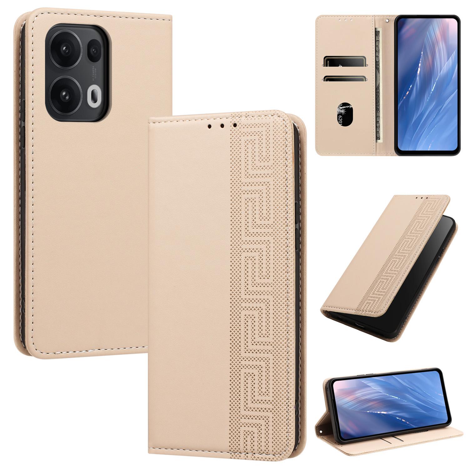 For OPPO Reno13 Pro / Reno14 Pro Global Embossed Meander Pattern RFID Vegan Leather Phone Case(Beige) - Shopkiz.com