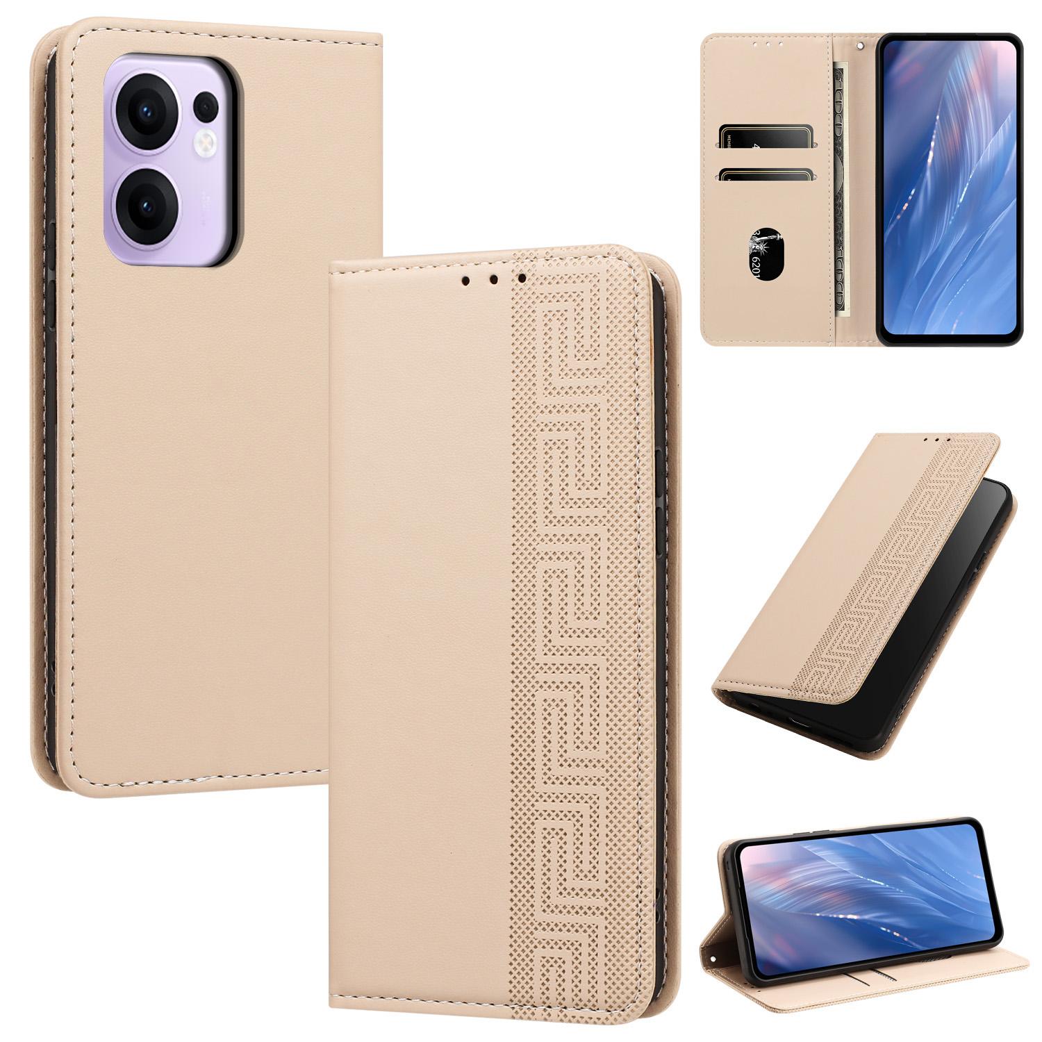 For OPPO Reno13 F 5G / 4G Embossed Meander Pattern RFID Vegan Leather Phone Case(Beige) - Shopkiz.com