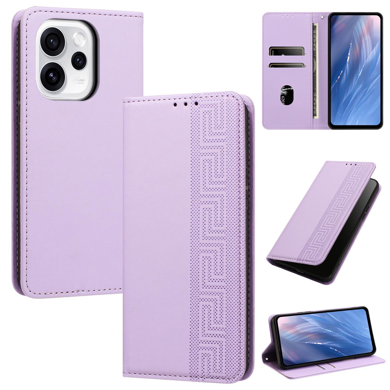 For OPPO Reno15 5G Global Embossed Meander Pattern RFID Vegan Leather Phone Case(Light Purple) - Shopkiz.com