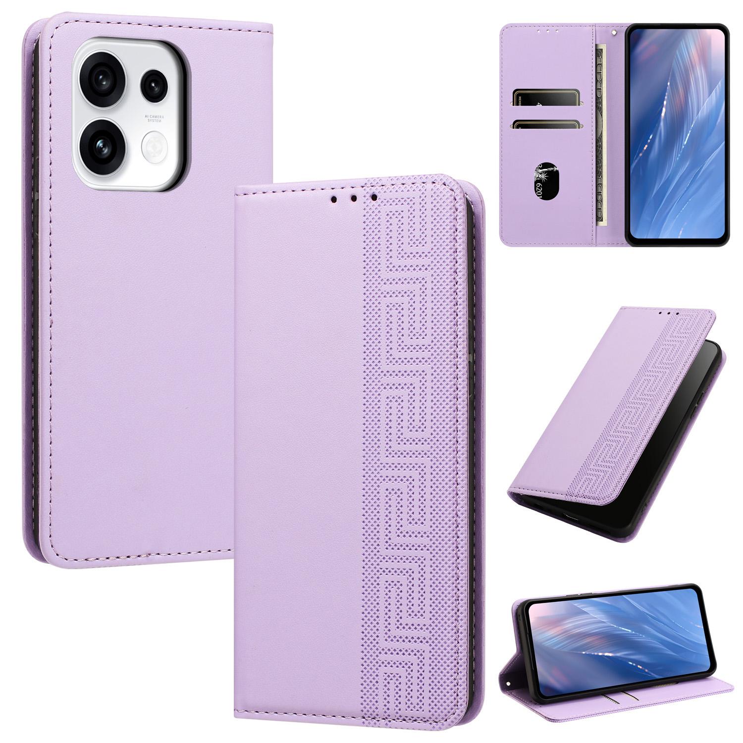For OPPO Reno16 / Reno16 Pro Global Embossed Meander Pattern RFID Vegan Leather Phone Case(Light Purple) - Shopkiz.com