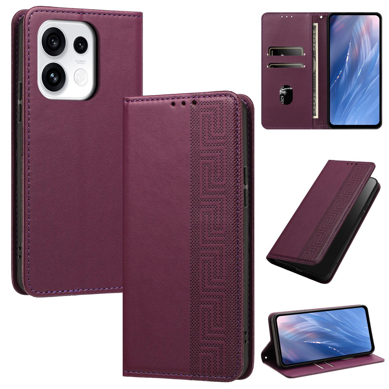 For OPPO Reno16 / Reno16 Pro Global Embossed Meander Pattern RFID Vegan Leather Phone Case(Dark Purple) - Shopkiz.com