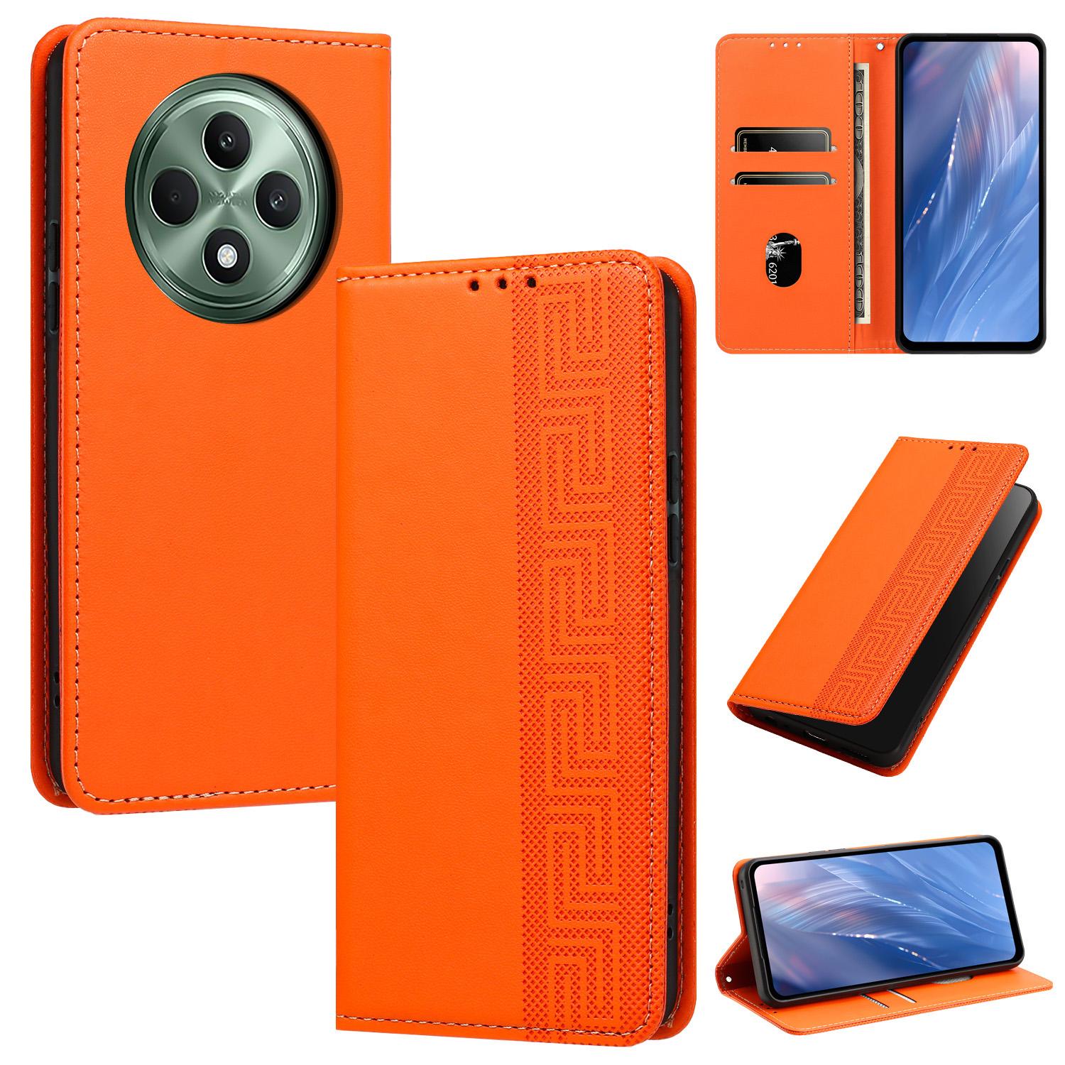 For OPPO Reno12 F 5G / 4G Embossed Meander Pattern RFID Vegan Leather Phone Case(Orange) - Shopkiz.com