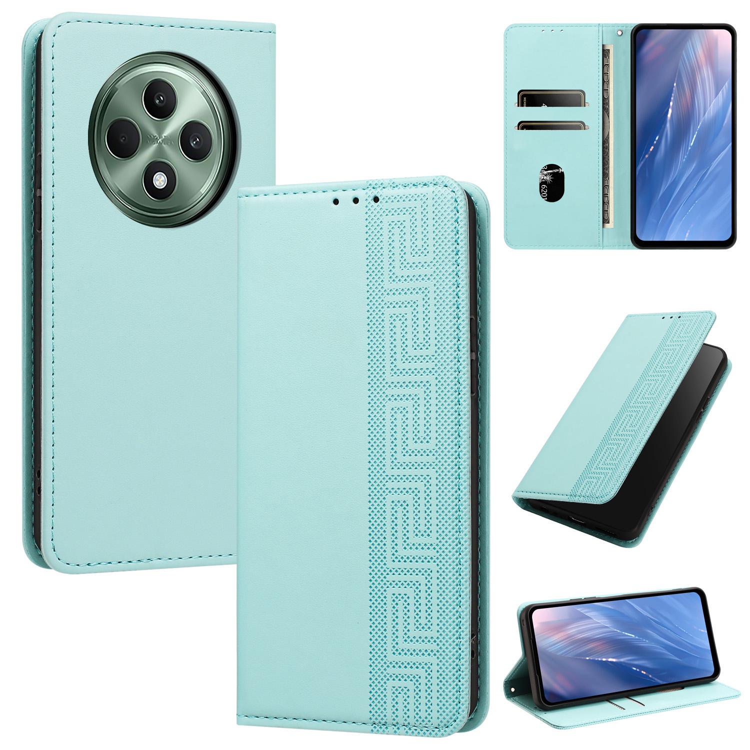 For OPPO Reno12 F 5G / 4G Embossed Meander Pattern RFID Vegan Leather Phone Case(Mint Green) - Shopkiz.com