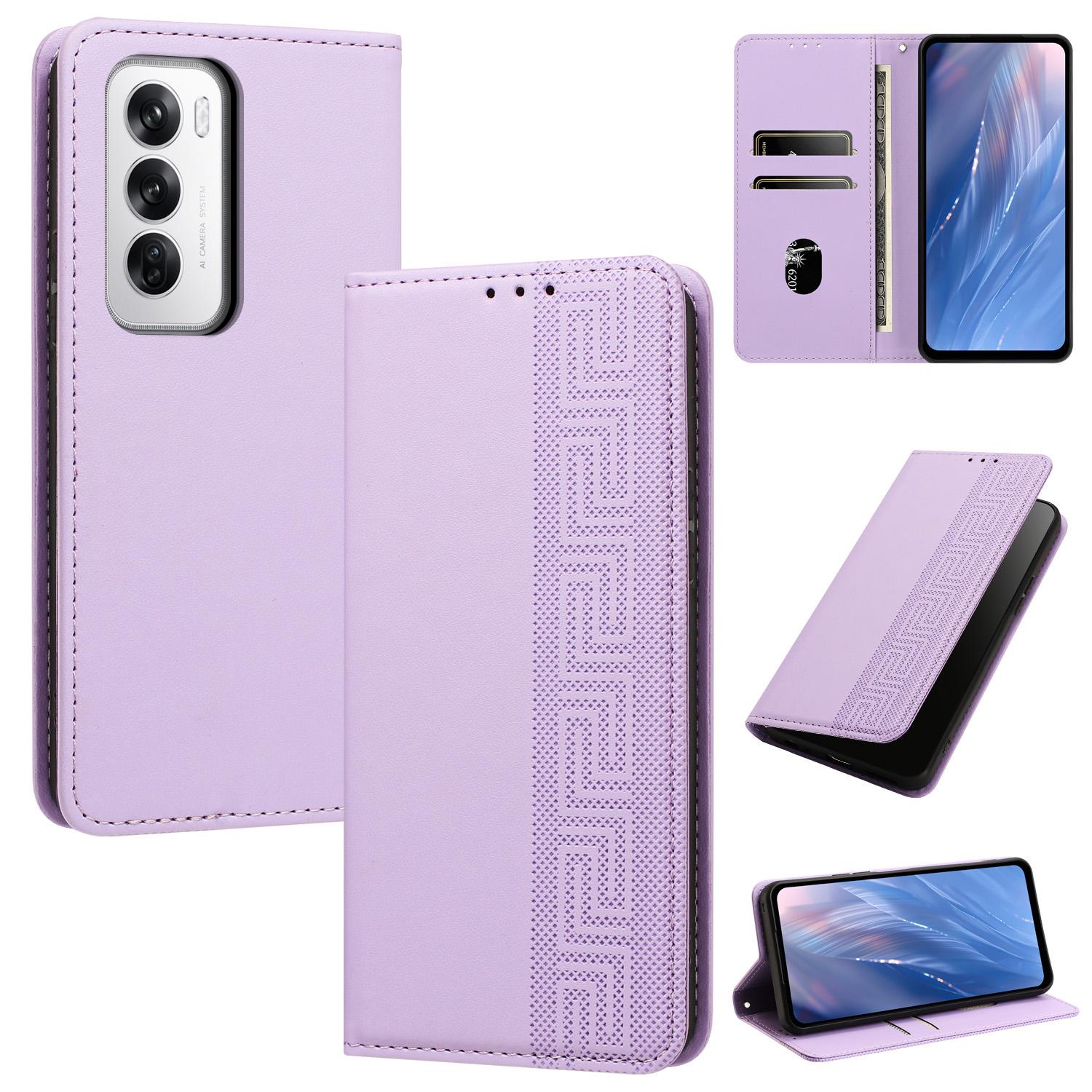For OPPO Reno12 5G Global Embossed Meander Pattern RFID Vegan Leather Phone Case(Light Purple) - Shopkiz.com