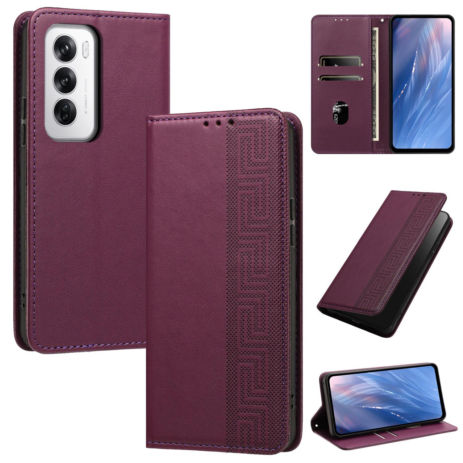 For OPPO Reno12 5G Global Embossed Meander Pattern RFID Vegan Leather Phone Case(Dark Purple) - Shopkiz.com