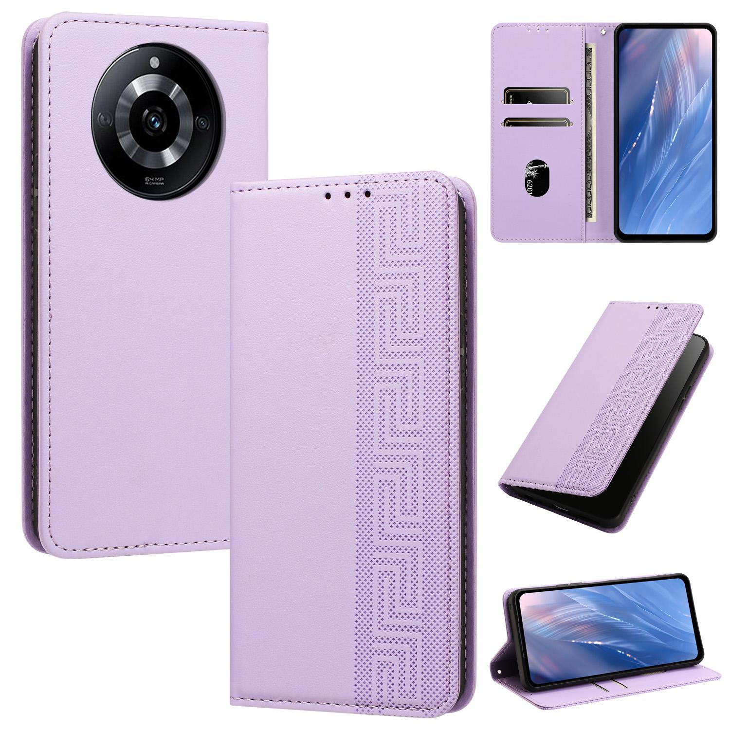 For Realme 11 Pro / 11 Pro+ 5G Embossed Meander Pattern RFID Vegan Leather Phone Case(Light Purple) - Shopkiz.com