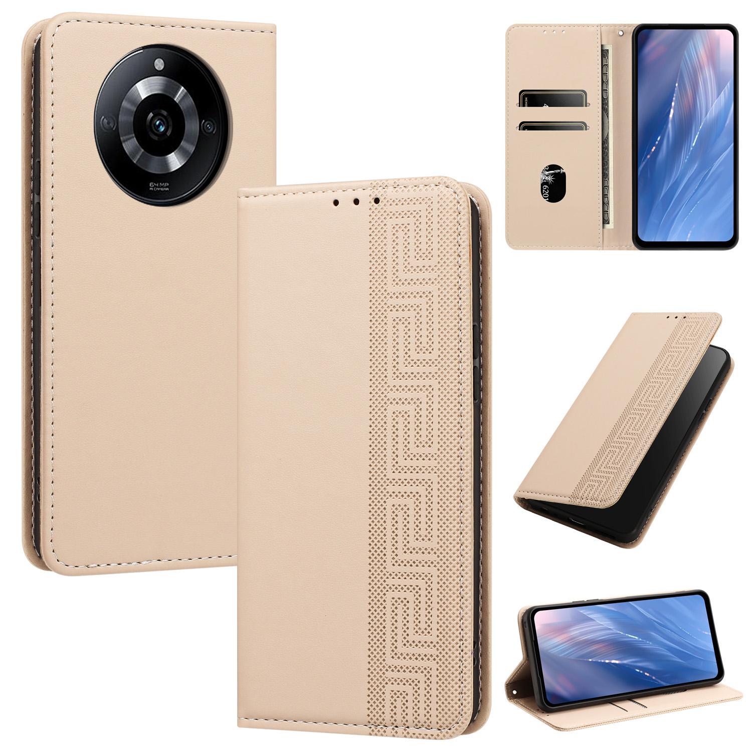 For Realme 11 Pro / 11 Pro+ 5G Embossed Meander Pattern RFID Vegan Leather Phone Case(Beige) - Shopkiz.com