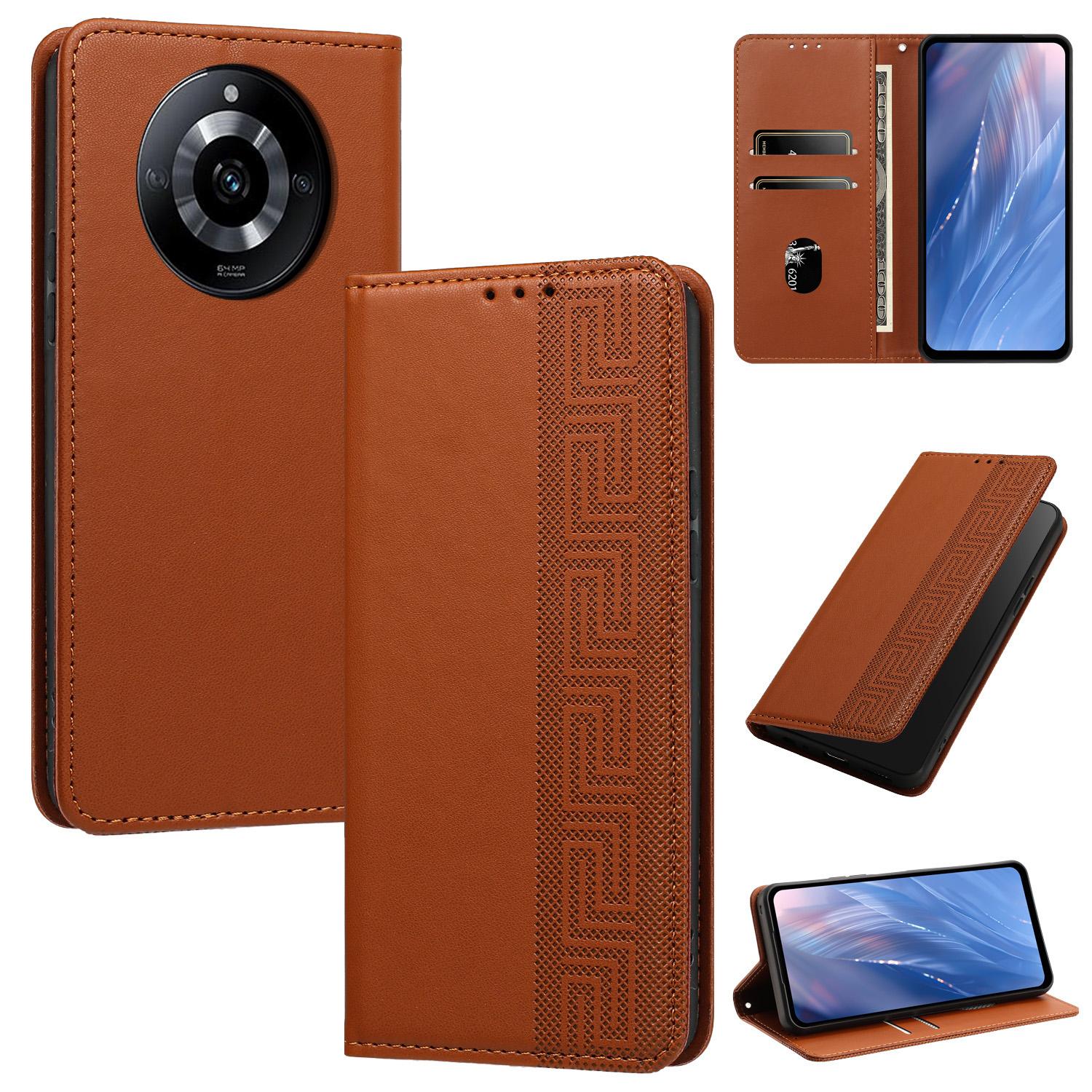 For Realme 11 Pro / 11 Pro+ 5G Embossed Meander Pattern RFID Vegan Leather Phone Case(Brown) - Shopkiz.com