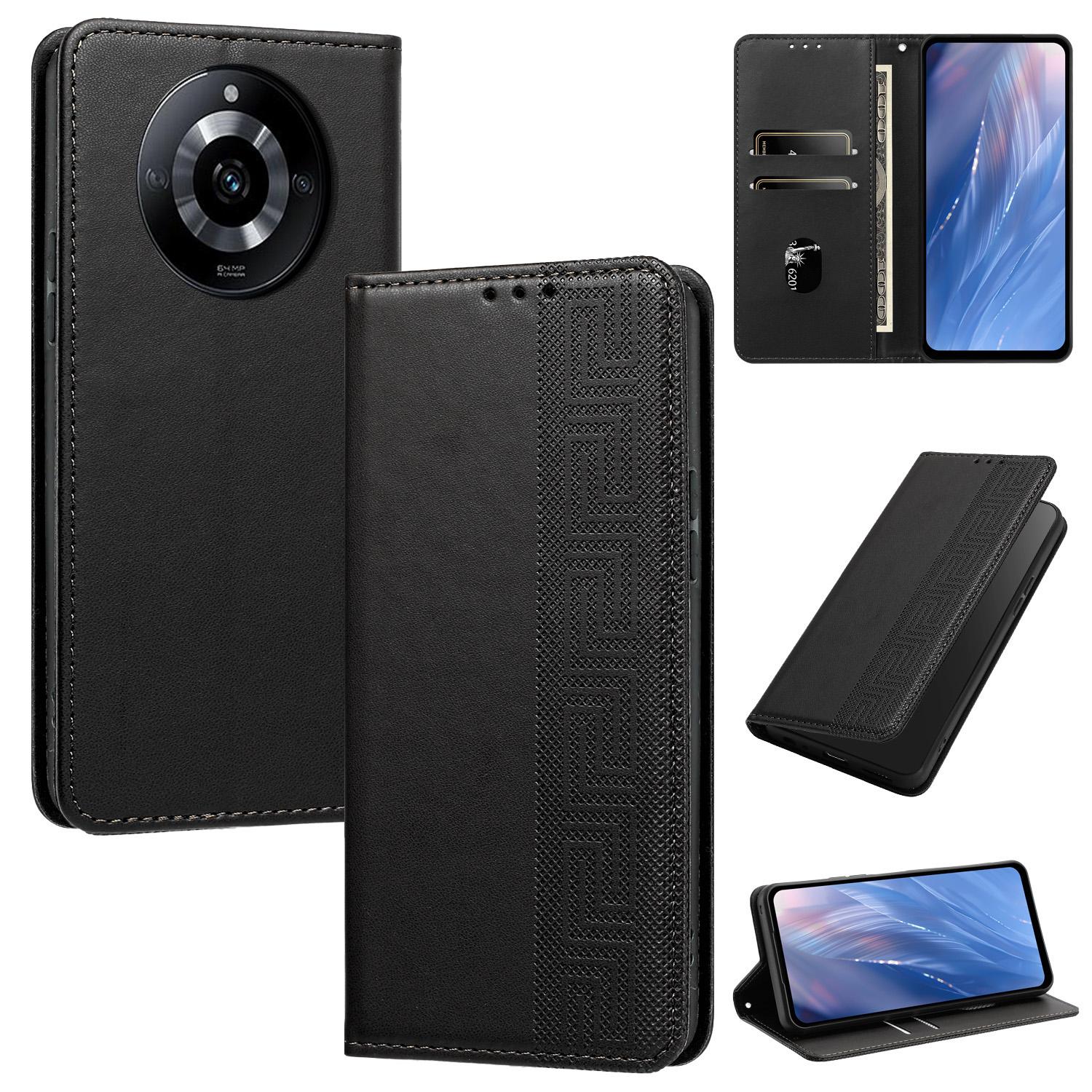 For Realme 11 Pro / 11 Pro+ 5G Embossed Meander Pattern RFID Vegan Leather Phone Case(Black) - Shopkiz.com