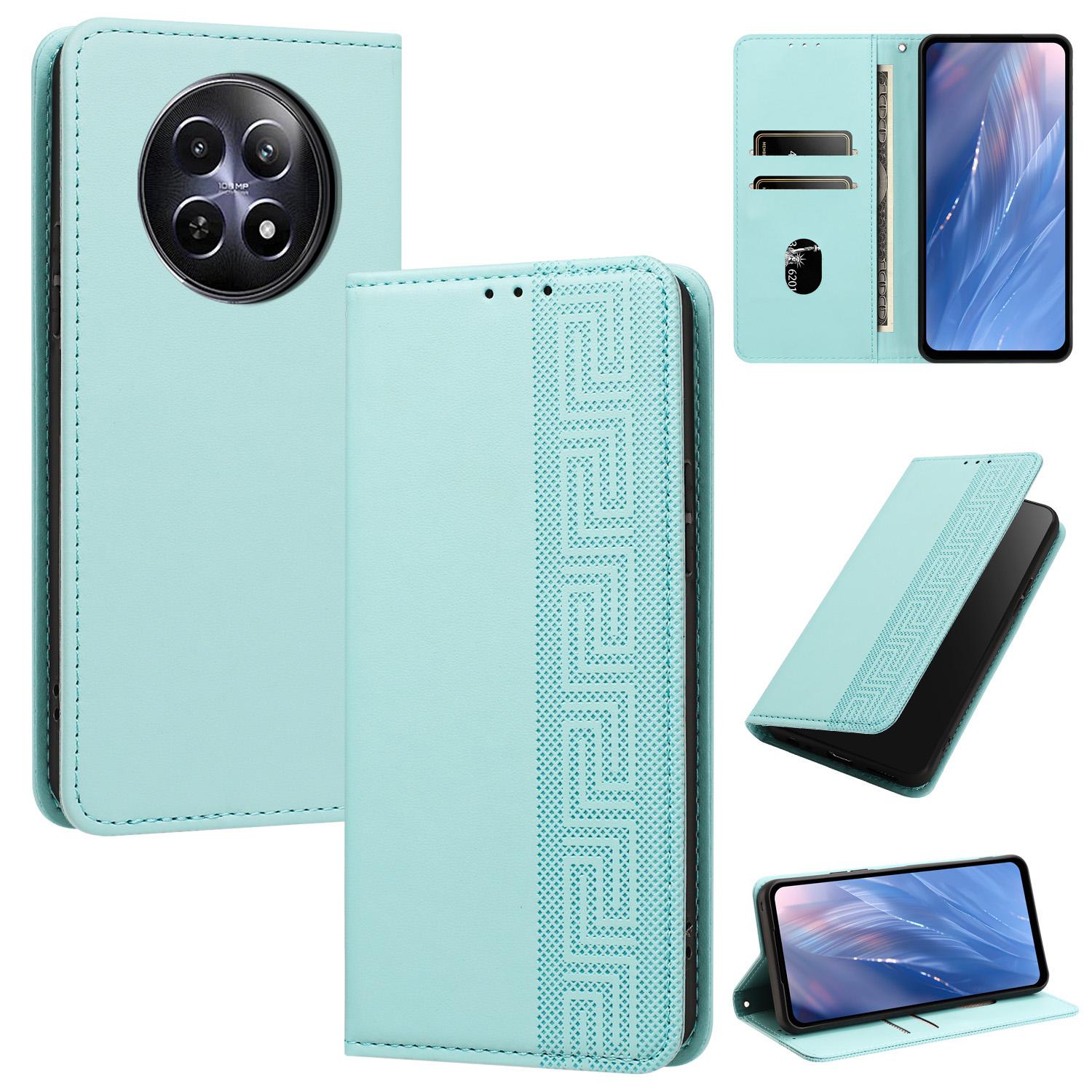 For Realme 12 / 13 / 12x 5G Global Embossed Meander Pattern RFID Vegan Leather Phone Case(Mint Green) - Shopkiz.com