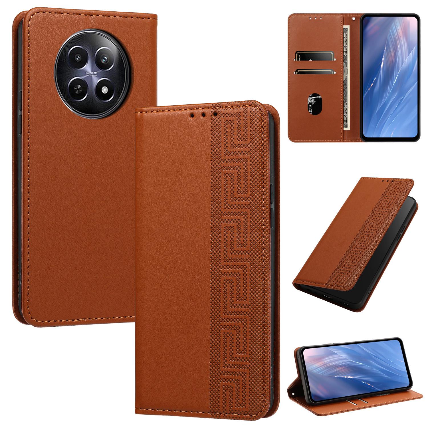 For Realme 12 / 13 / 12x 5G Global Embossed Meander Pattern RFID Vegan Leather Phone Case(Brown) - Shopkiz.com