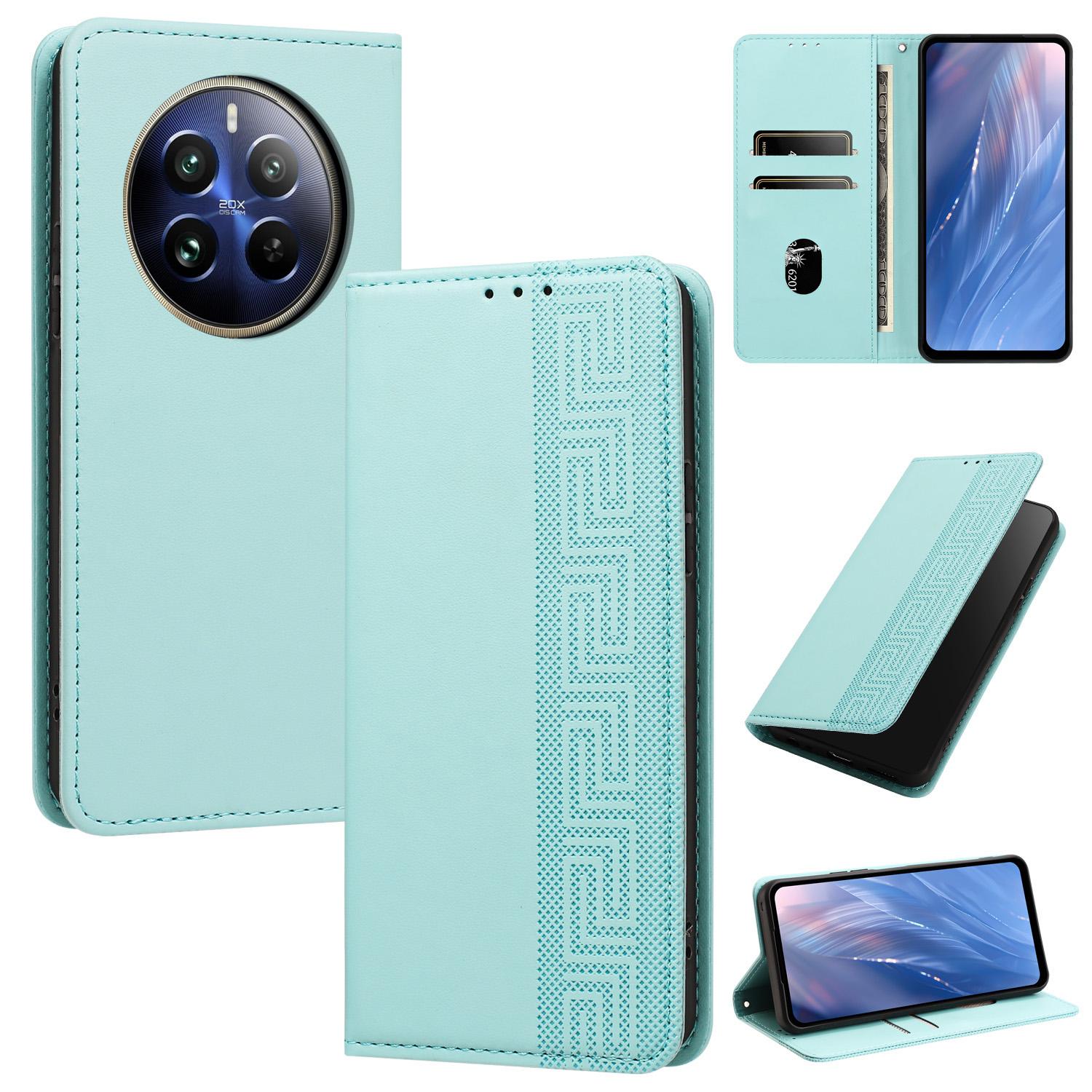 For Realme 12 Pro+ / 12 Pro Embossed Meander Pattern RFID Vegan Leather Phone Case(Mint Green) - Shopkiz.com