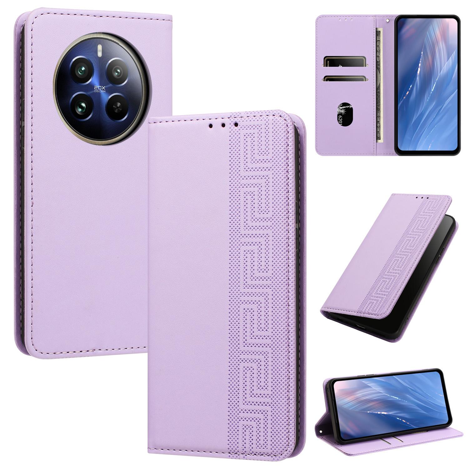 For Realme 12 Pro+ / 12 Pro Embossed Meander Pattern RFID Vegan Leather Phone Case(Light Purple) - Shopkiz.com