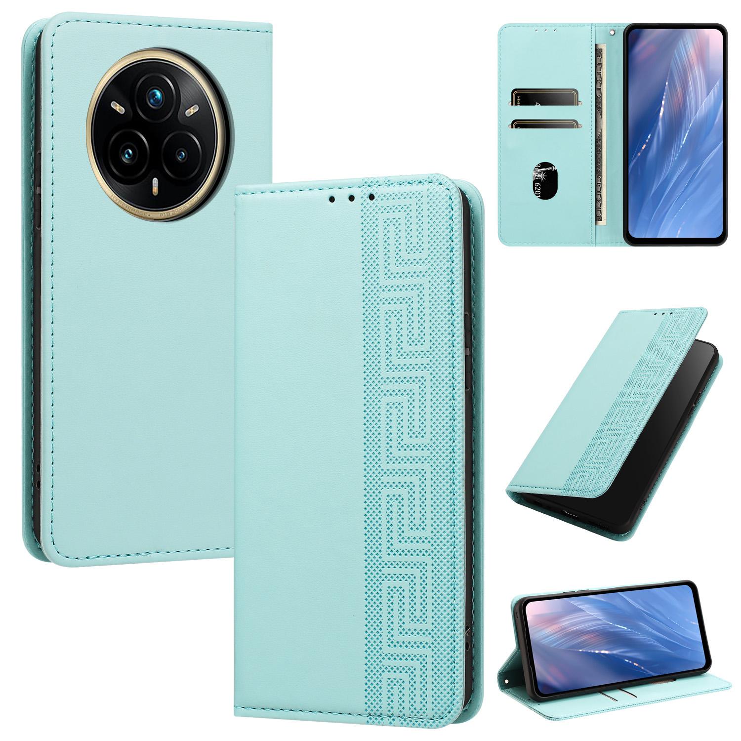 For Realme 14 Pro+ / P3 Pro Embossed Meander Pattern RFID Vegan Leather Phone Case(Mint Green) - Shopkiz.com