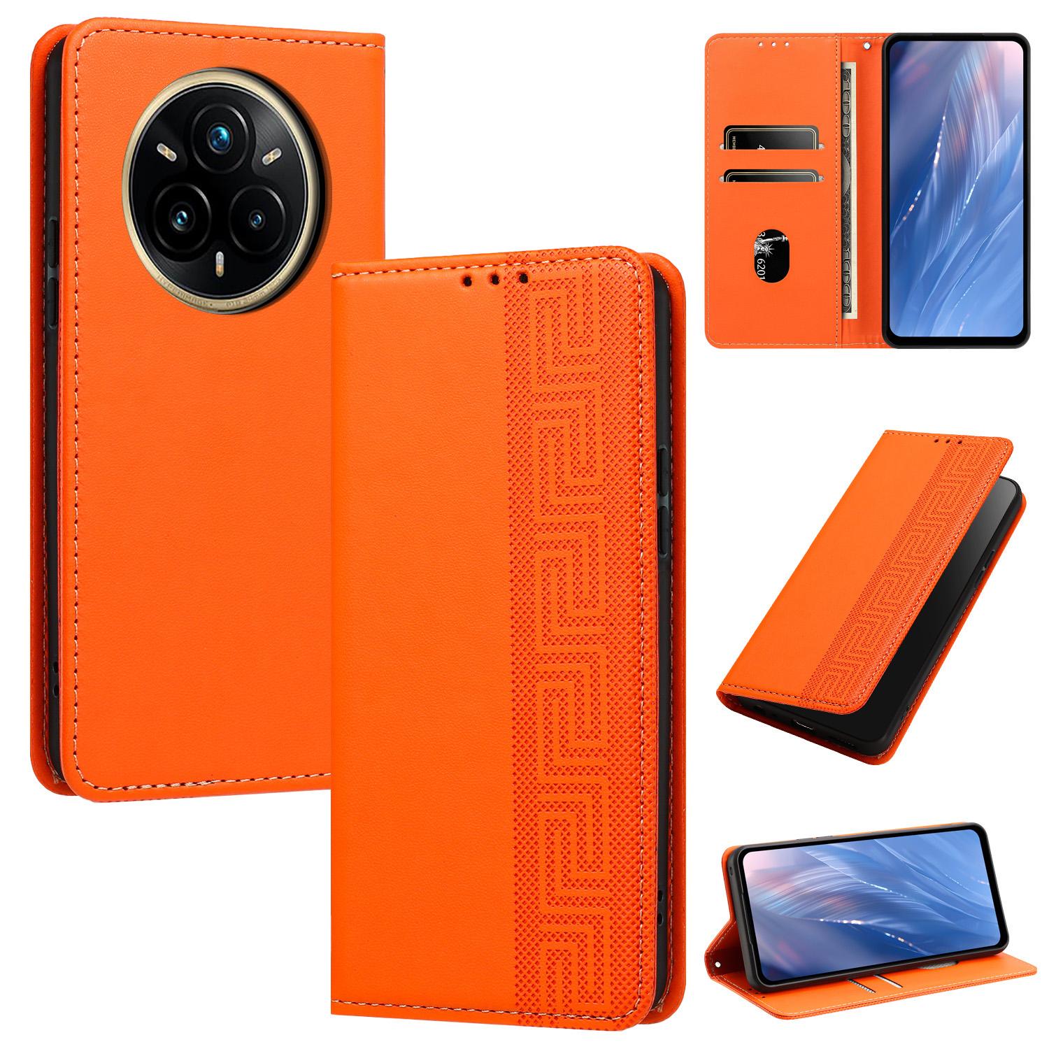 For Realme 14 Pro Embossed Meander Pattern RFID Vegan Leather Phone Case(Orange) - Shopkiz.com