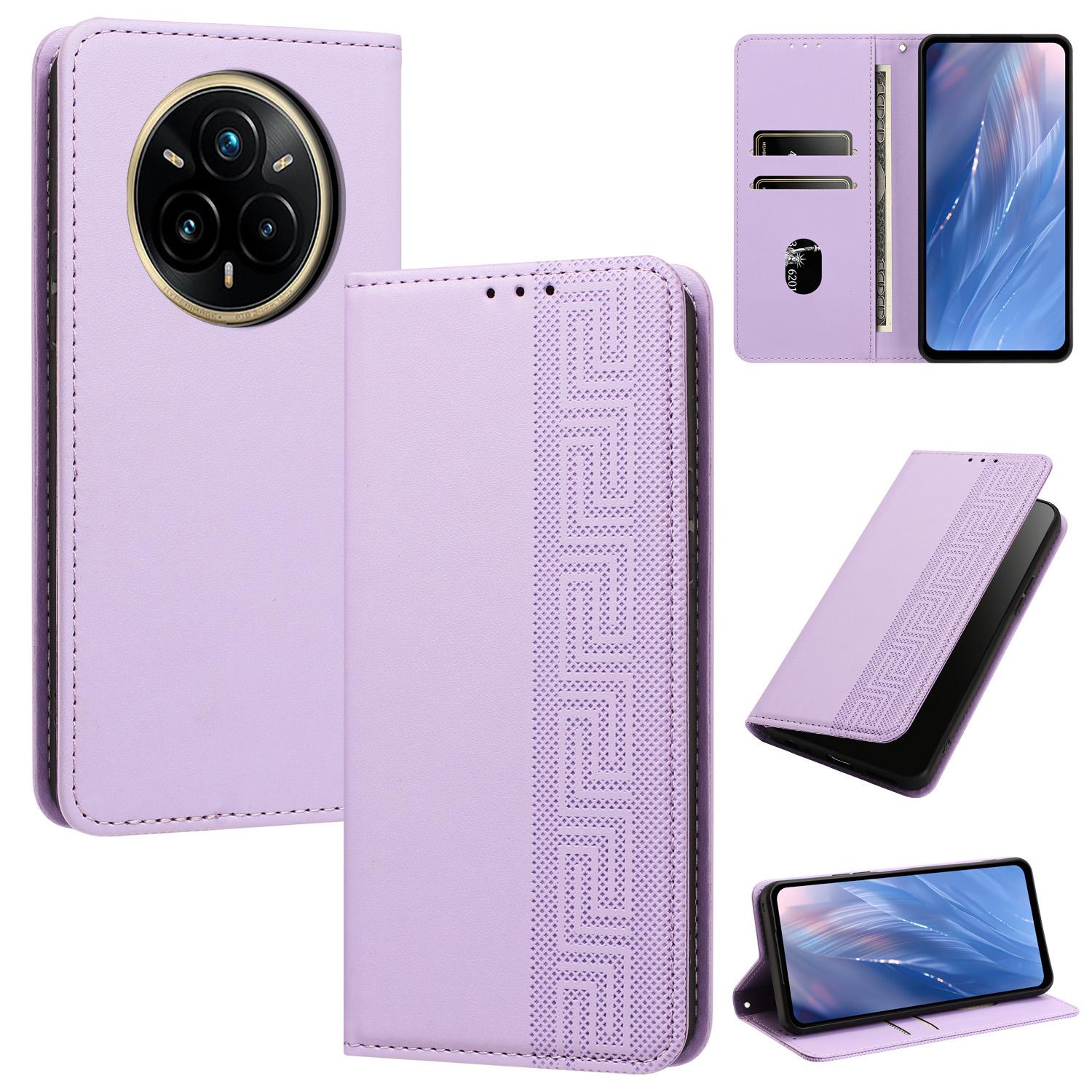 For Realme 14 Pro Embossed Meander Pattern RFID Vegan Leather Phone Case(Light Purple) - Shopkiz.com