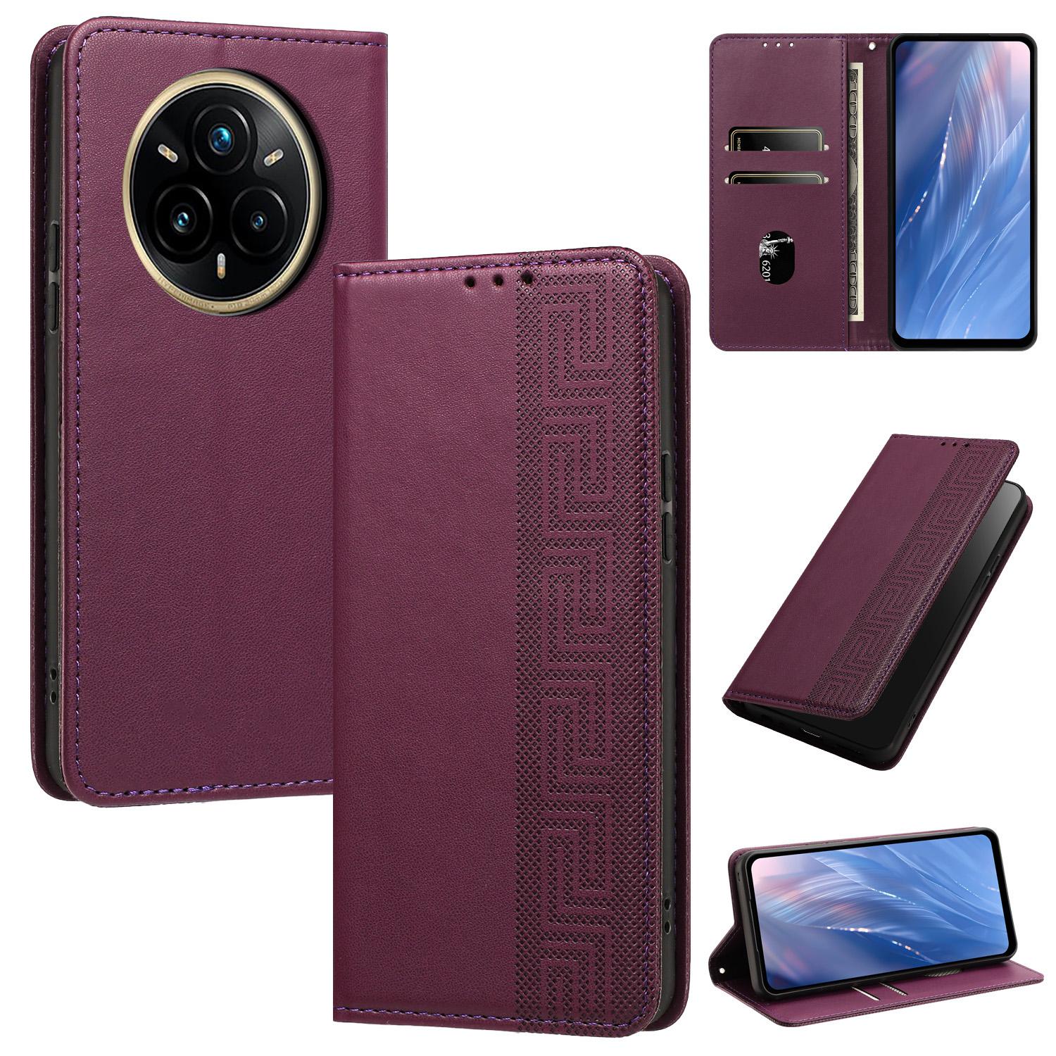 For Realme 14 Pro Embossed Meander Pattern RFID Vegan Leather Phone Case(Dark Purple) - Shopkiz.com
