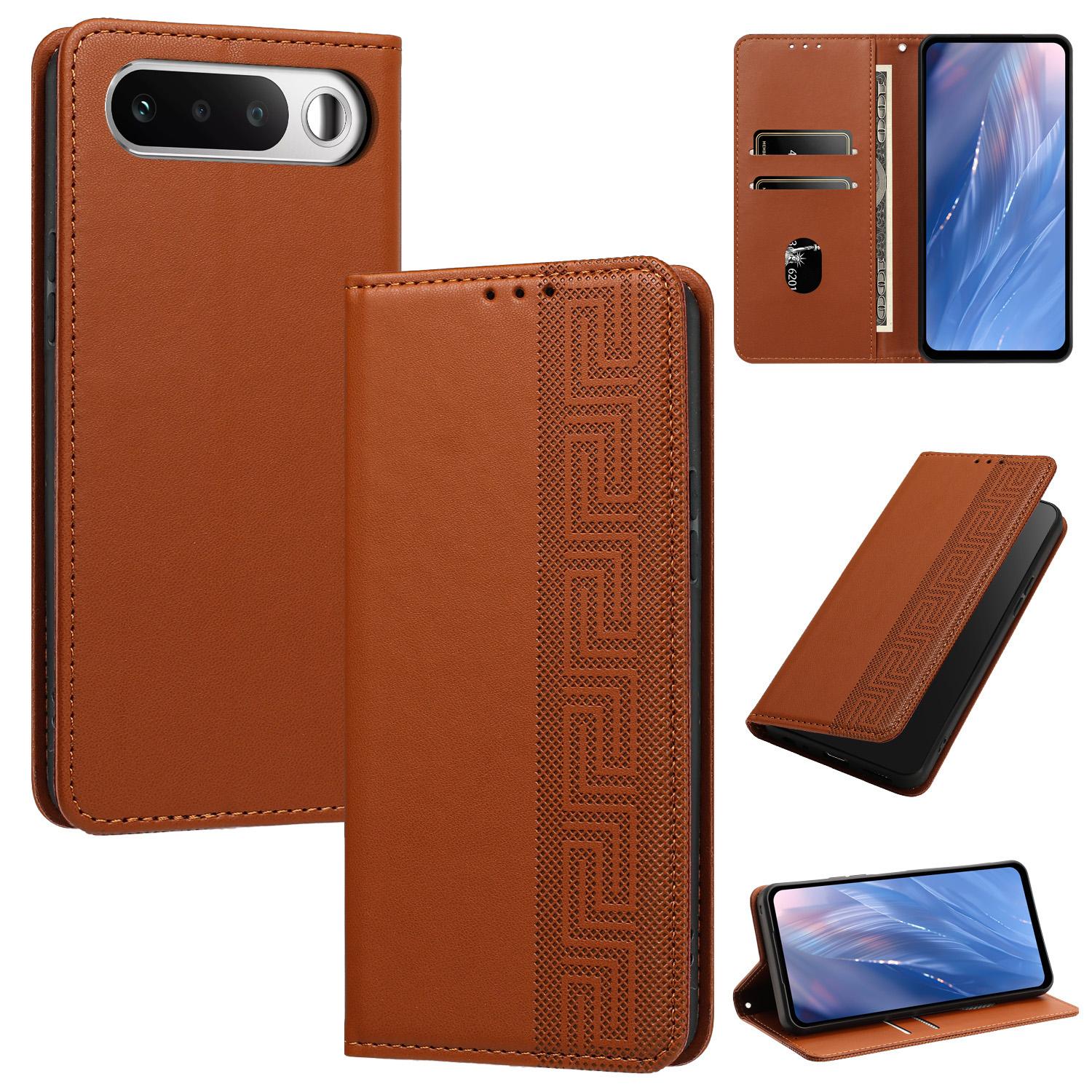 For Realme 16 5G Embossed Meander Pattern RFID Vegan Leather Phone Case(Brown) - Shopkiz.com