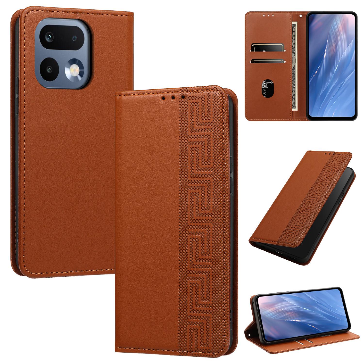 For Realme 16 Pro 5G Embossed Meander Pattern RFID Vegan Leather Phone Case(Brown) - Shopkiz.com