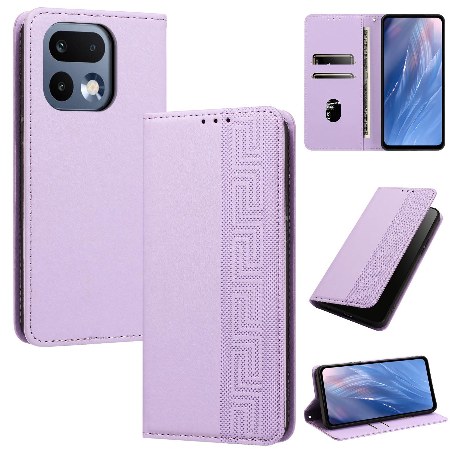 For Realme 16 Pro+ 5G Embossed Meander Pattern RFID Vegan Leather Phone Case(Light Purple) - Shopkiz.com