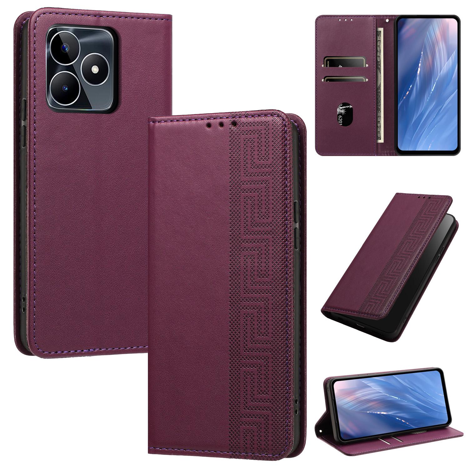 For Realme C53 / Narzo N53 / C51 Embossed Meander Pattern RFID Vegan Leather Phone Case(Dark Purple) - Shopkiz.com