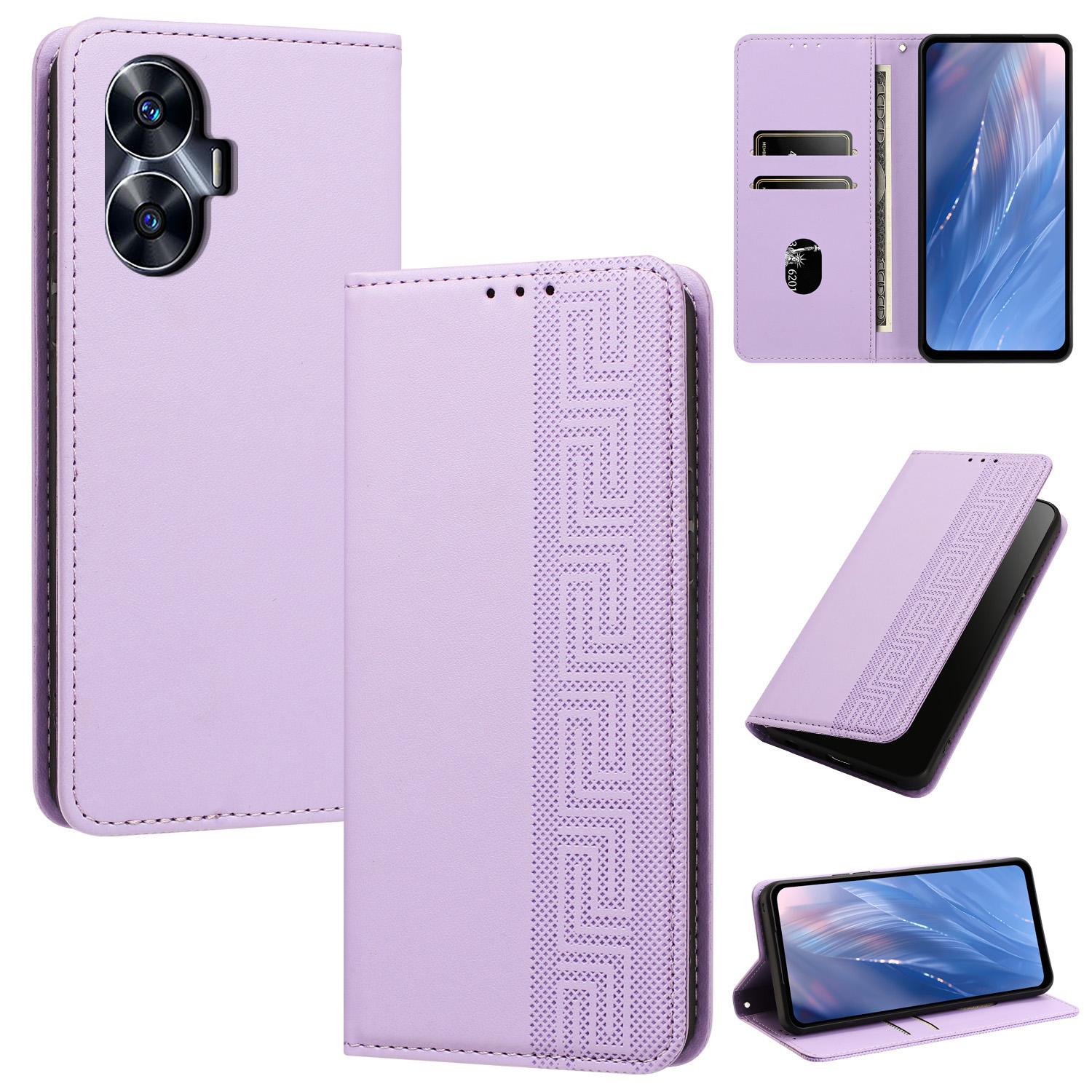 For Realme C55 Embossed Meander Pattern RFID Vegan Leather Phone Case(Light Purple) - Shopkiz.com